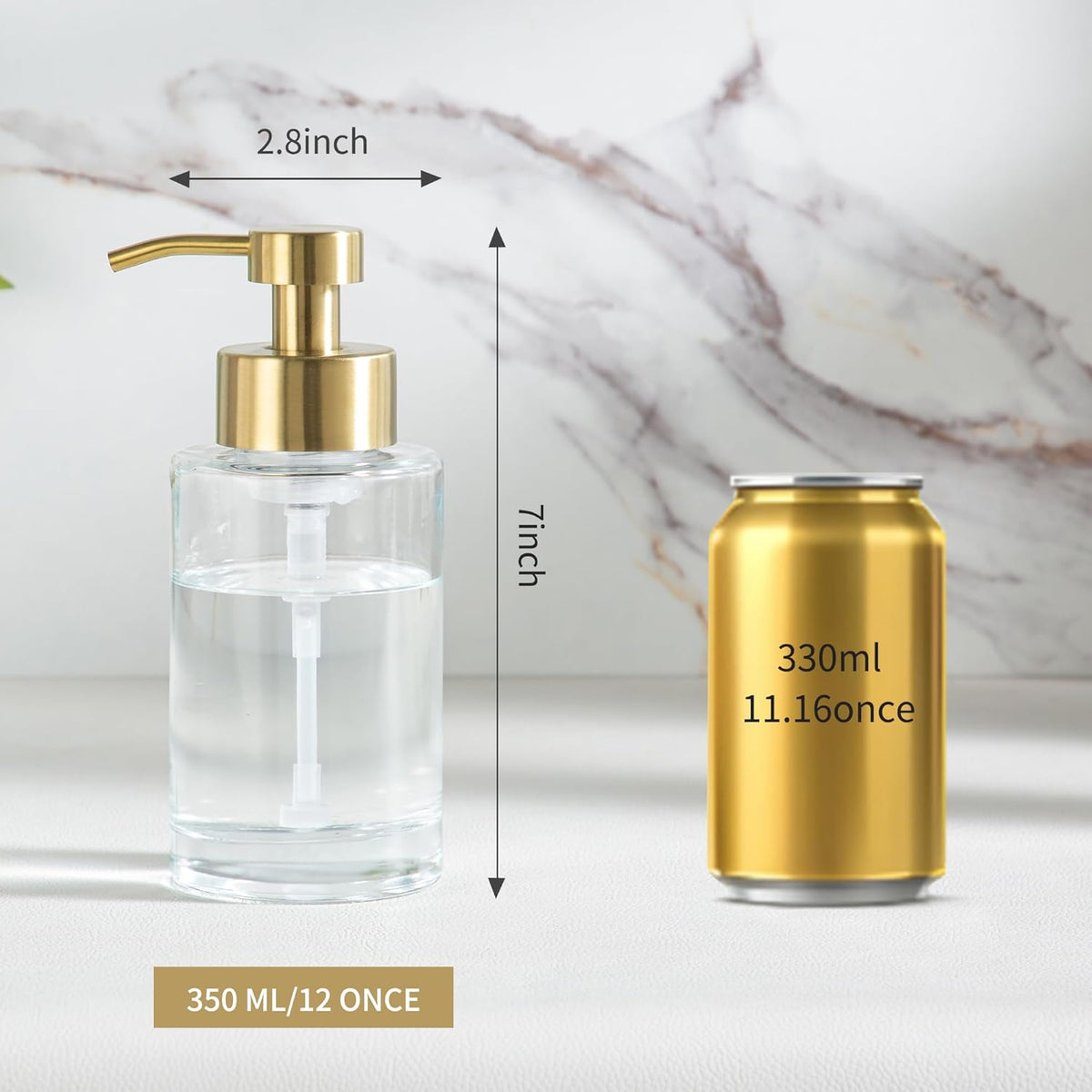 Enra Foam Soap Dispenser,12oz Thick Glass Bathroom Soap Dispenser with Stainless Steel Gold Pump