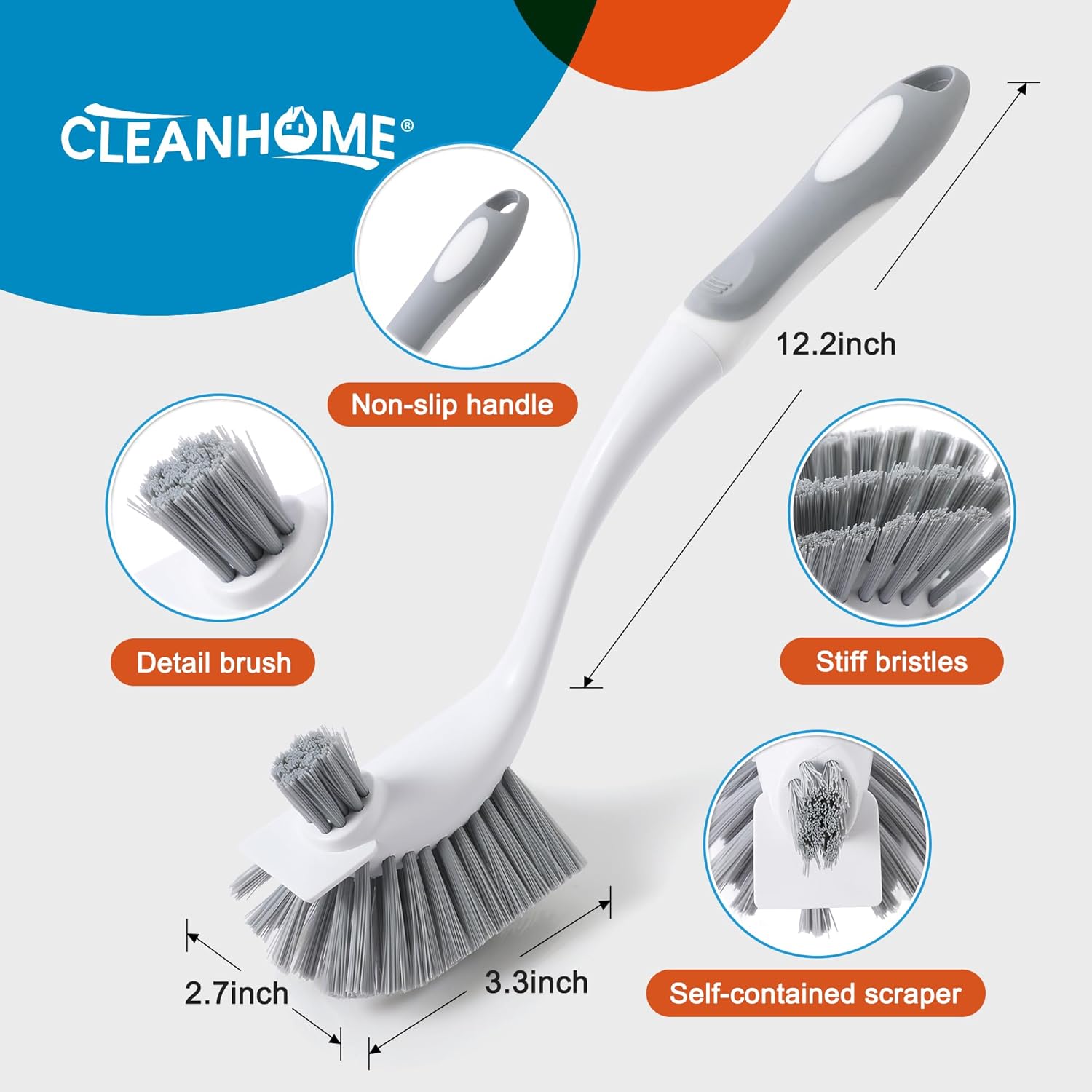 4-Pack Heavy-Duty Dish Scrub Brushes with Stiff Non-Scratch Bristles & Long Handle - Multi-Purpose