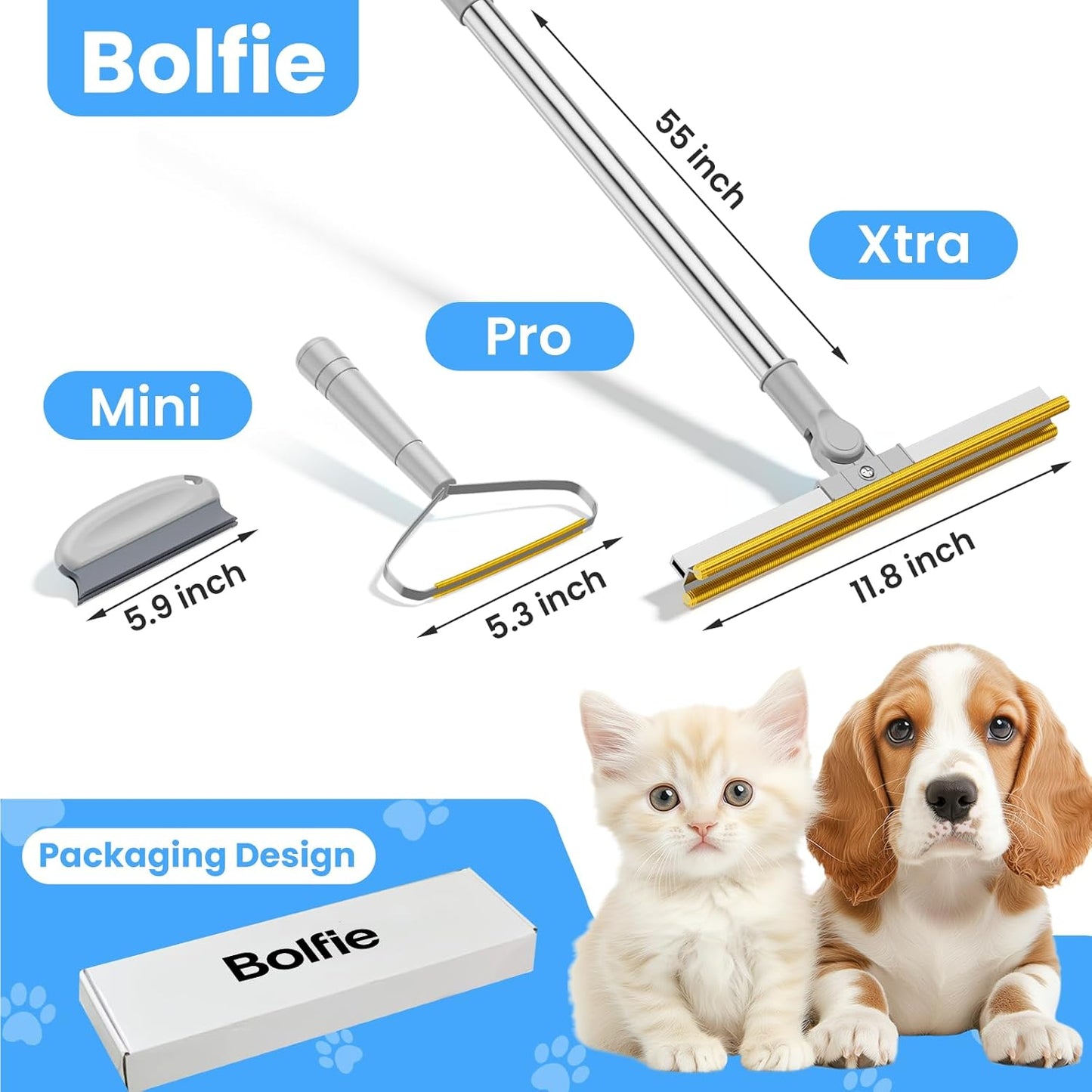 3 in 1 Carpet Rake for Pet Hair Removal, Tool Set of 3, 55” Long Handle Carpet Pet Hair Removal