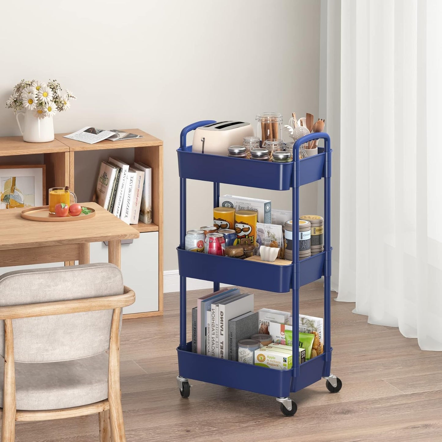 Sywhitta 3-Tier Plastic Rolling Utility Cart with Handle, Multi-Functional Storage Trolley for