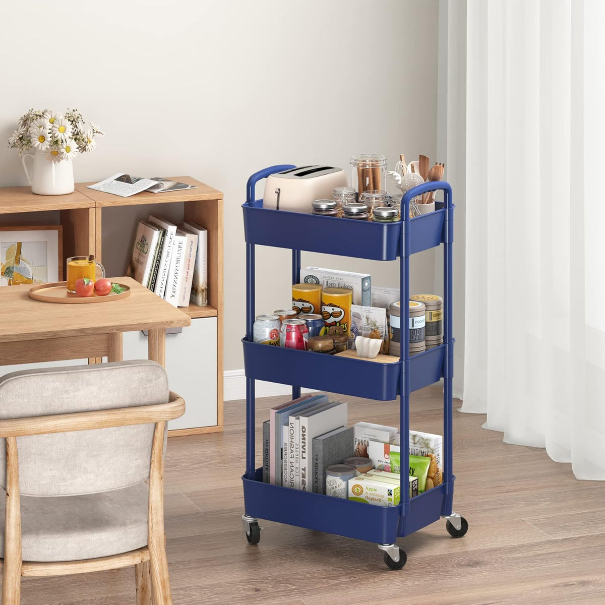Sywhitta 3-Tier Plastic Rolling Utility Cart with Handle, Multi-Functional Storage Trolley for