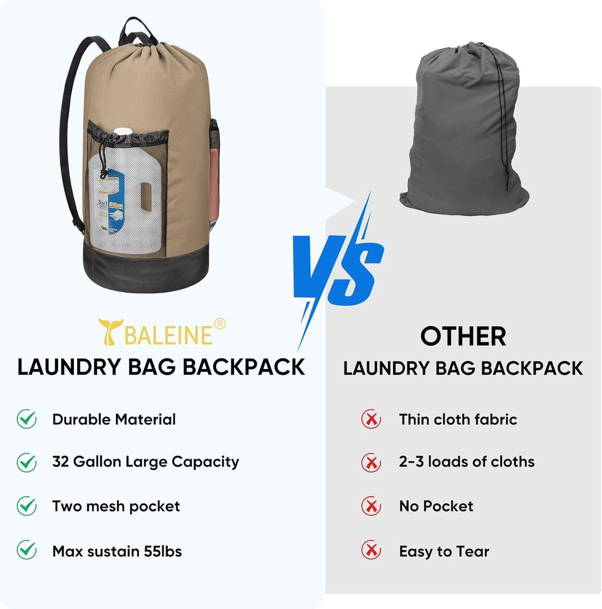 BALEINE 150L Laundry Bag Backpack, 900D Oxford Fabric Large Travel Laundry Bags with Shoulder