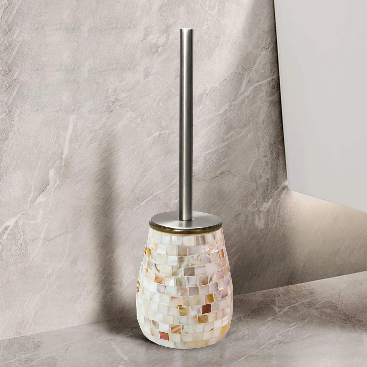 WDHODEC Natural Shell Toilet Brush and Holder Set Mosaic Glass, Stainless Steel Toilet Scrubber