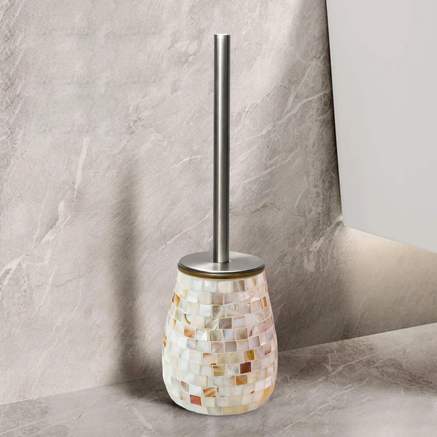 WDHODEC Natural Shell Toilet Brush and Holder Set Mosaic Glass, Stainless Steel Toilet Scrubber