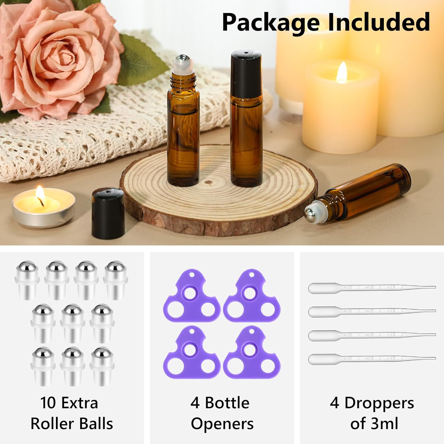 KEYWING 54 Pack Empty Essential Oil Roller Bottles – 10ml Amber Glass Roll-On Bottles with