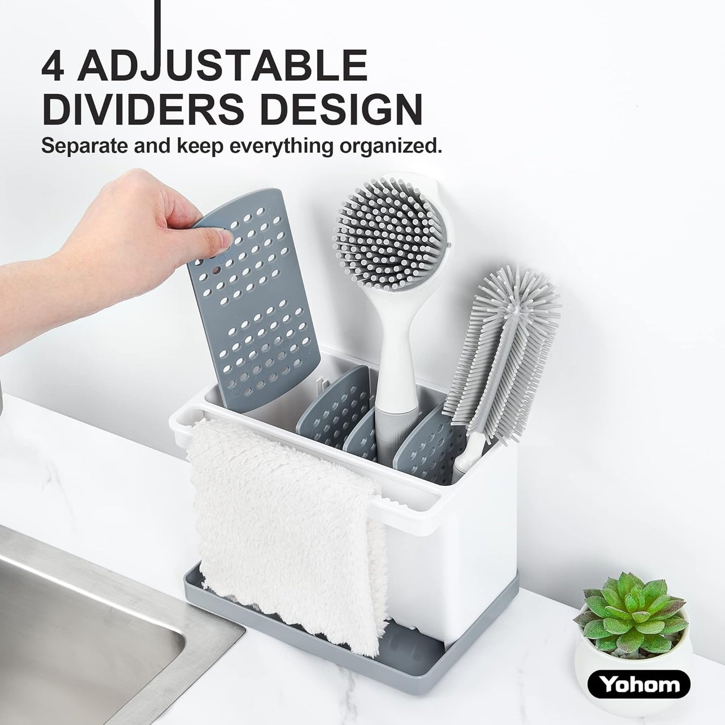 YOHOM Sink Brush Holder for Kitchen Sink Sponge Caddy Countertop Organizer Plastic Dish Scrubber