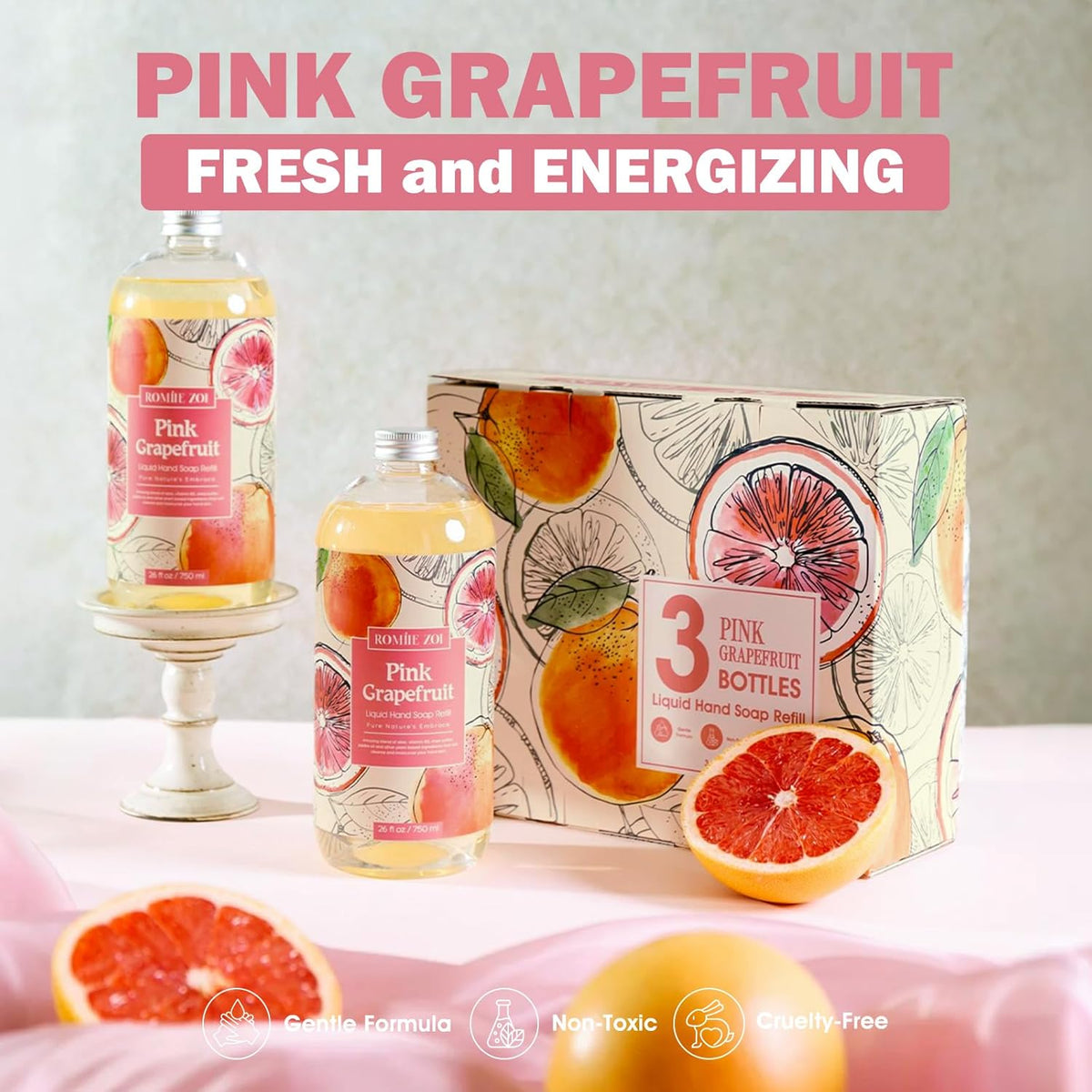 ROMIIE ZOI Liquid Hand Soap Refill Gift Set – 3 Pack (26 Fl Oz Each), Pink Grapefruit Scent