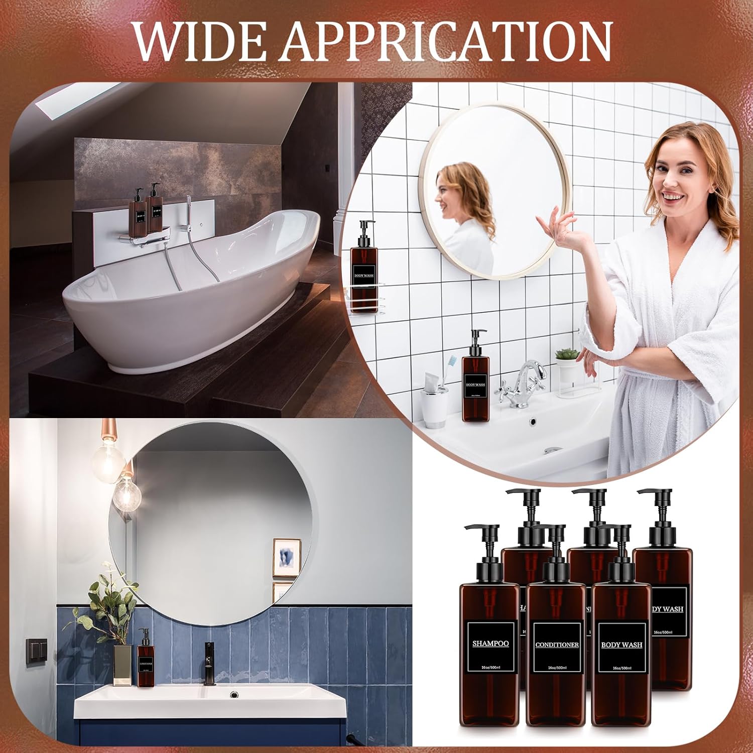 Tanlade 6 Pcs Shampoo and Conditioner Dispenser Bottles 16oz Modern Shower Soap Bottles with Pump