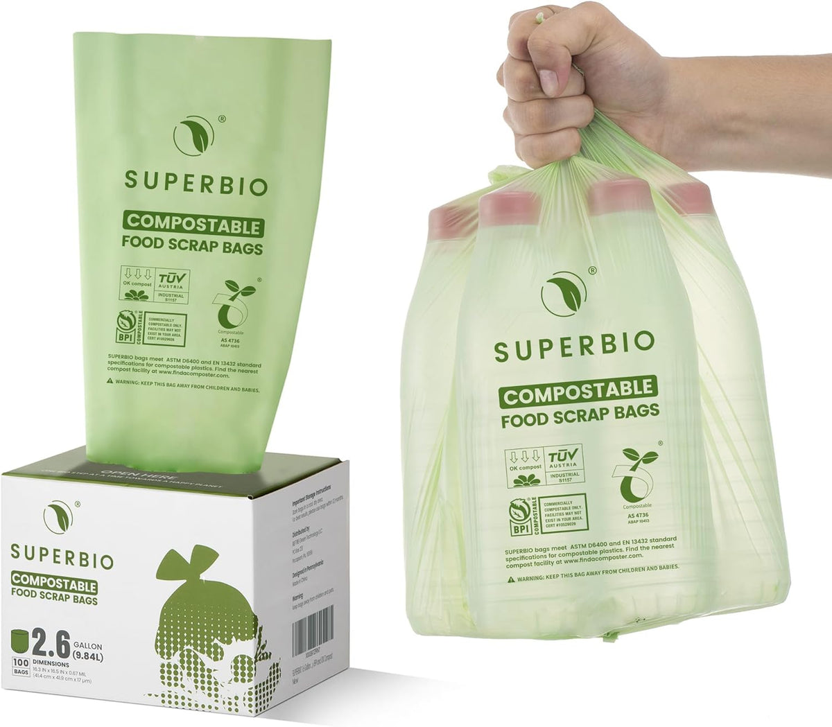 SUPERBIO 2.6 Gallon Compostable Food Waste Bags, 100 Count, 1 Pack, Flat Top Food Scrap Bags， ASTM