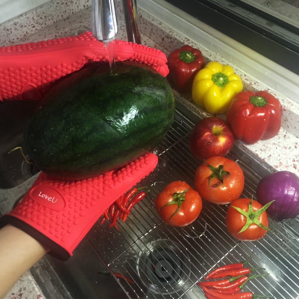 Kitchen Oven Gloves - Dual-Layer Heat Resistant Grilling Gloves, Silicone Oven Mitts with 5