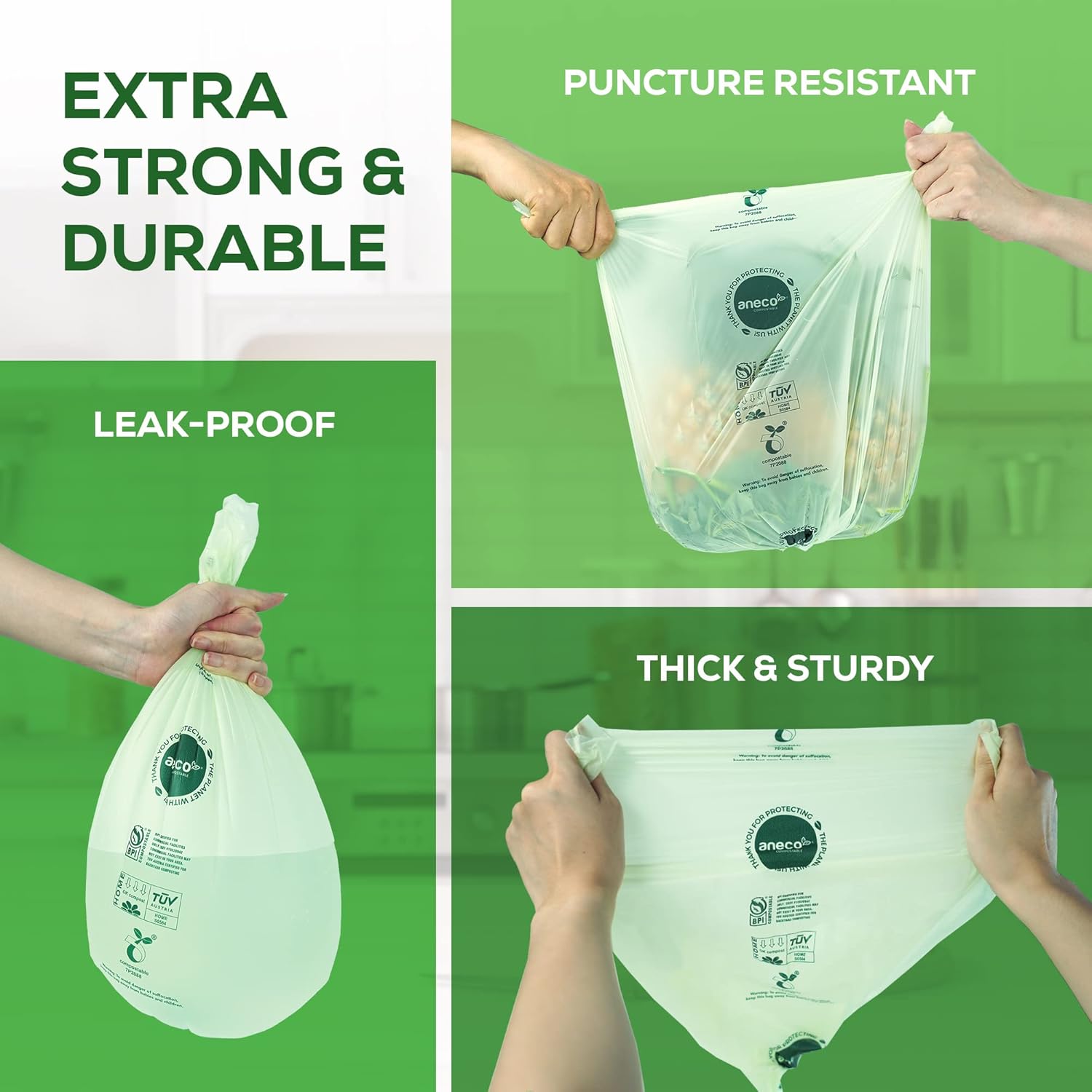 (Include 10 Bonus Bags) ANECO 100% Compostable Waste Bags 2.6 Gallon, Extra Thick Kitchen Small