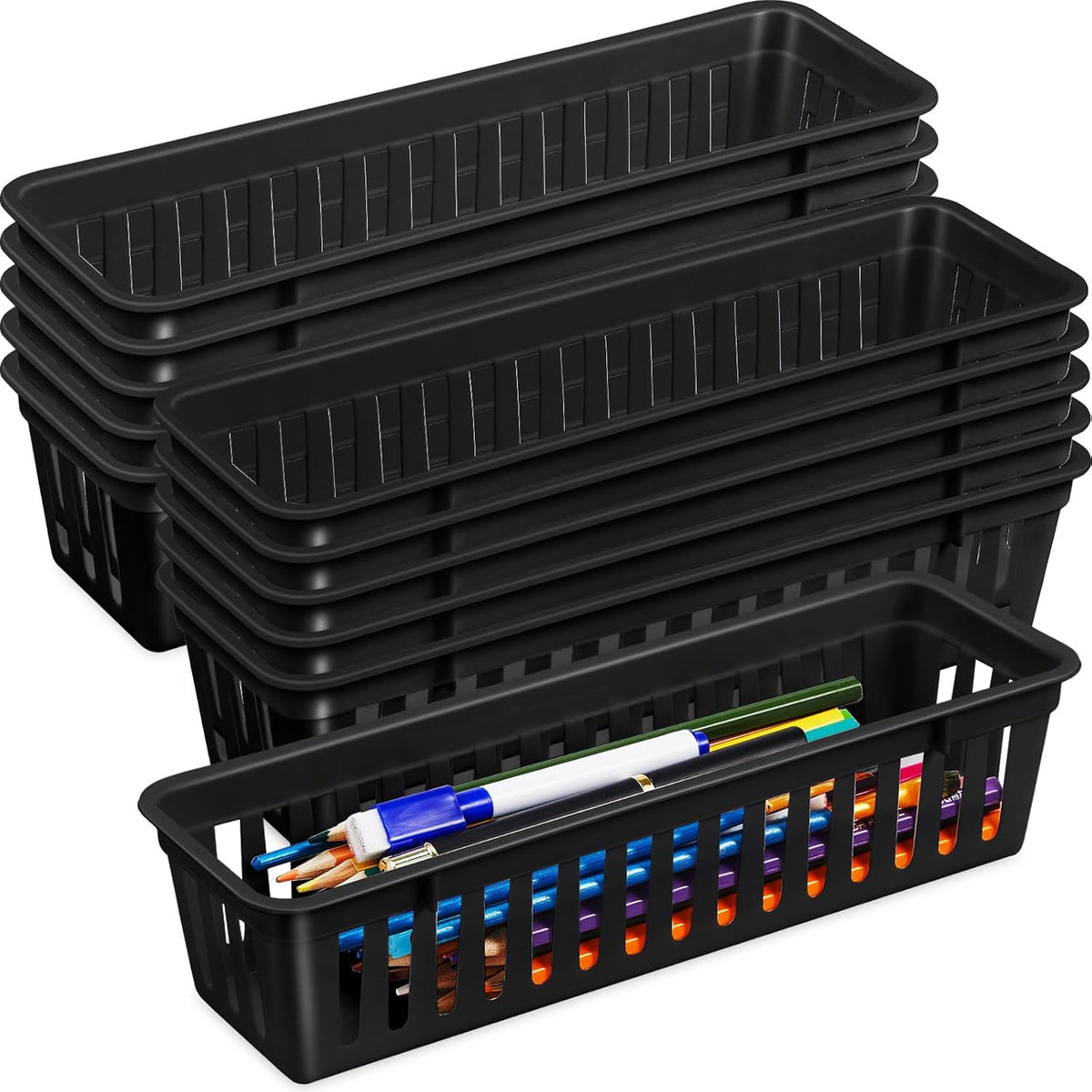 Domensi 12 Pack Slim Plastic Storage Baskets Tray for Organizing 10.25 x 3.25 x 2.5 Inch Small