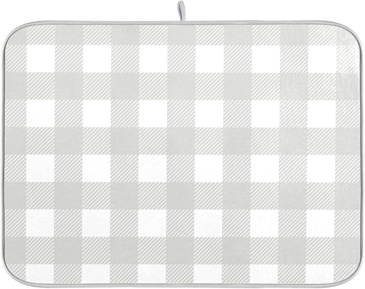 Buffalo Plaid Gray White Dish Drying Mat for Kitchen Countertop 18x24 Chessboard Rectangle Large