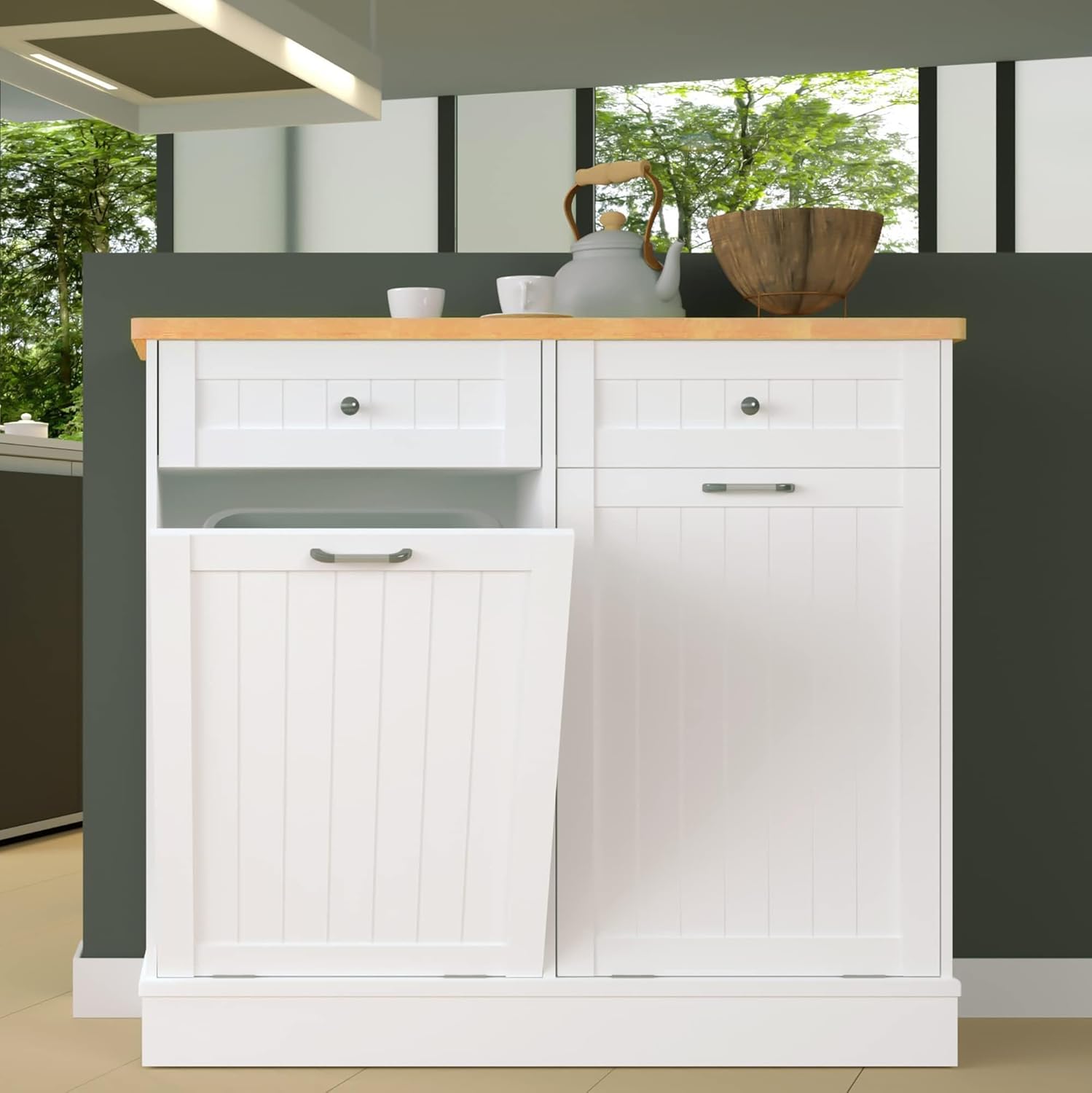 Betterhood Tilt Out Trash Cabinet 10 Gallon Wooden Free Standing Laundry Sorter Cabinet,Recycling