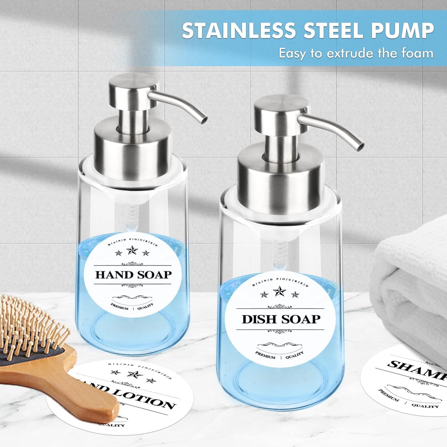 2 Pack Glass Foaming Soap Dispenser With Waterproof Labels, Hand and Dish Set, Rust Proof Stainless