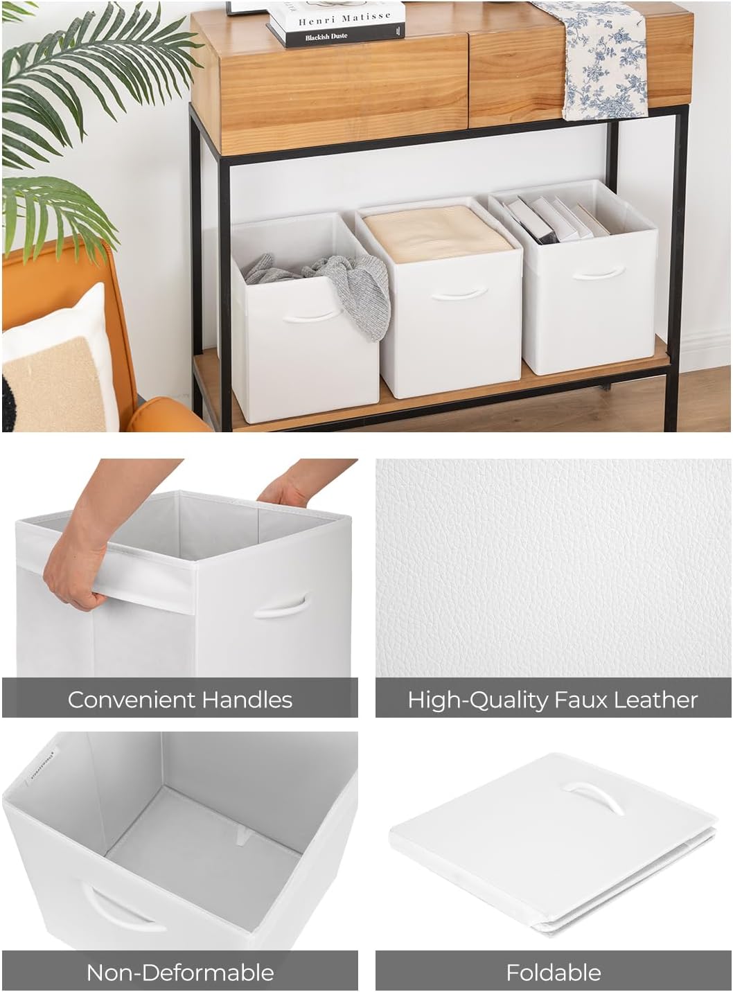 StorageWorks White Storage Cubes, 11-inch Leather Bins with Handle, Cube Organizer Baskets for