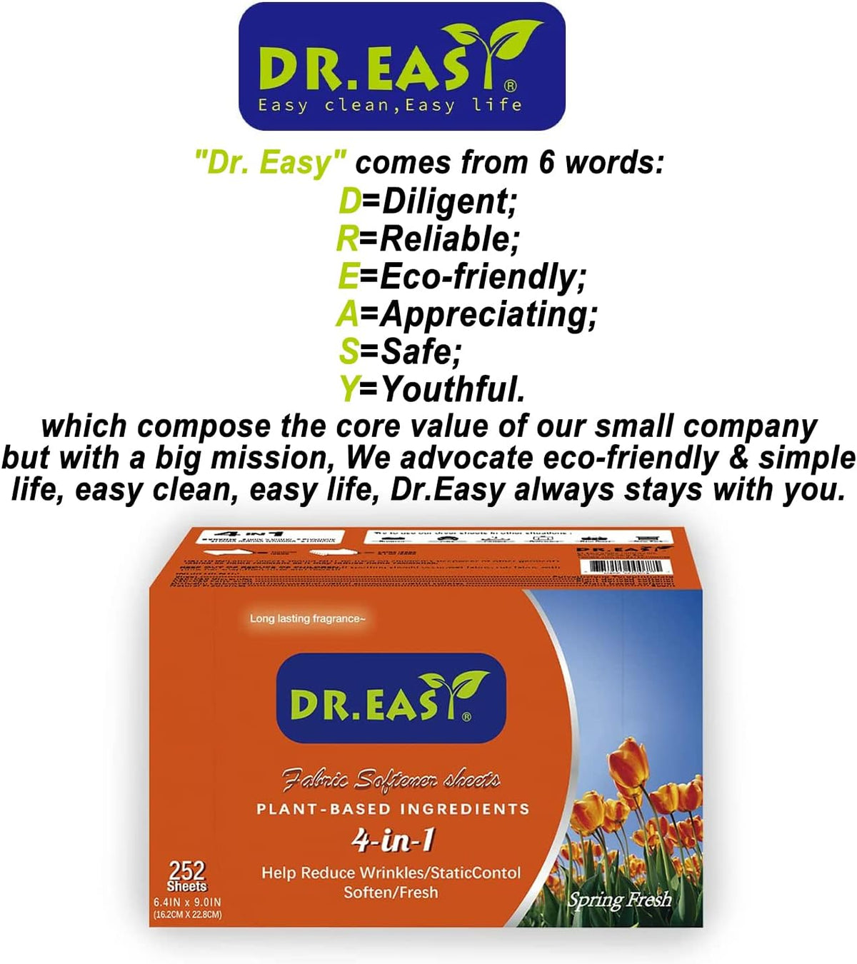 DR.EASY Dryer Sheets Plant Based Formula 252 Ct Fabric Softener sheets for Laundry Spring Fresh