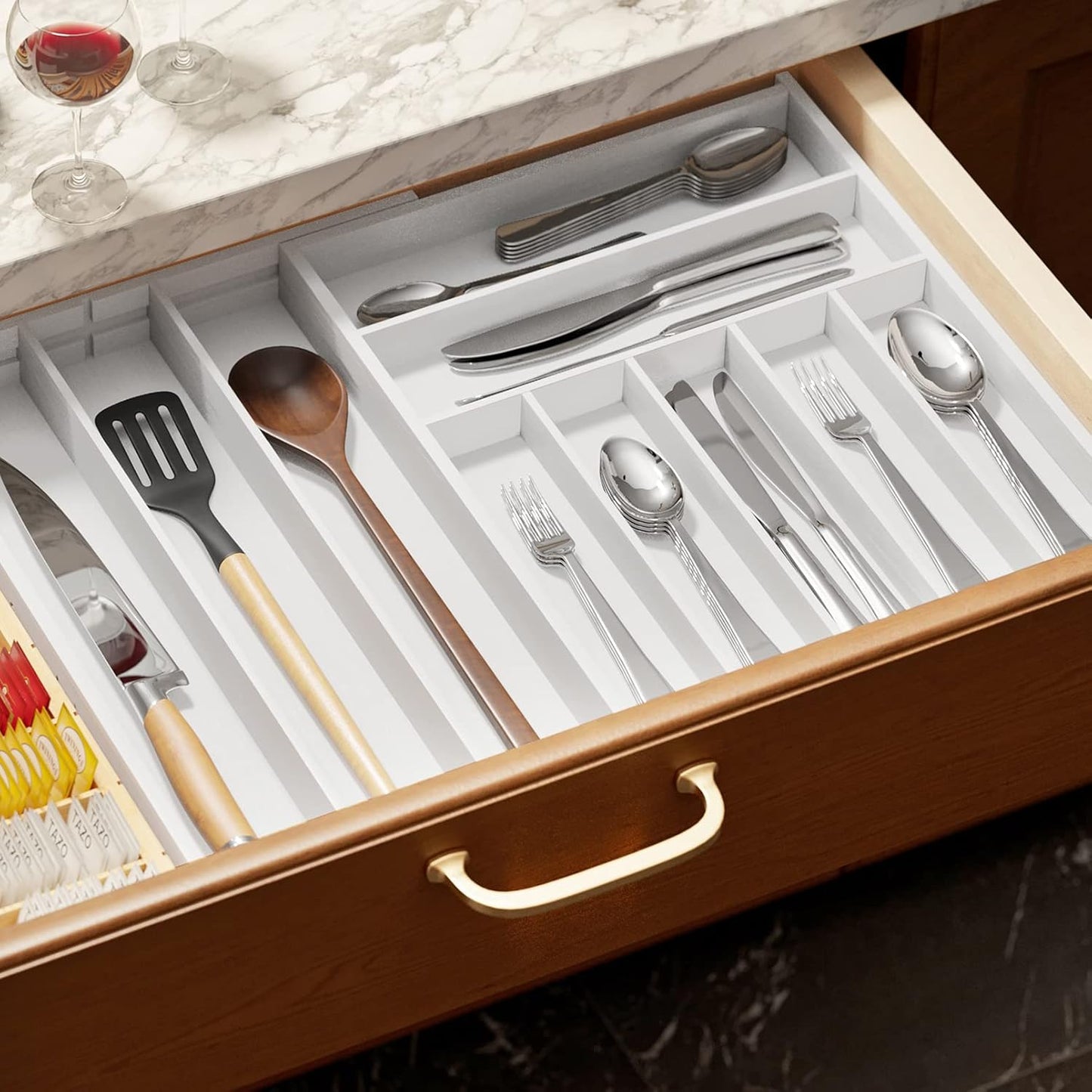 SpaceAid Bamboo Silverware Drawer Organizer with Labels, Kitchen Utensil Expandable Tray Holder