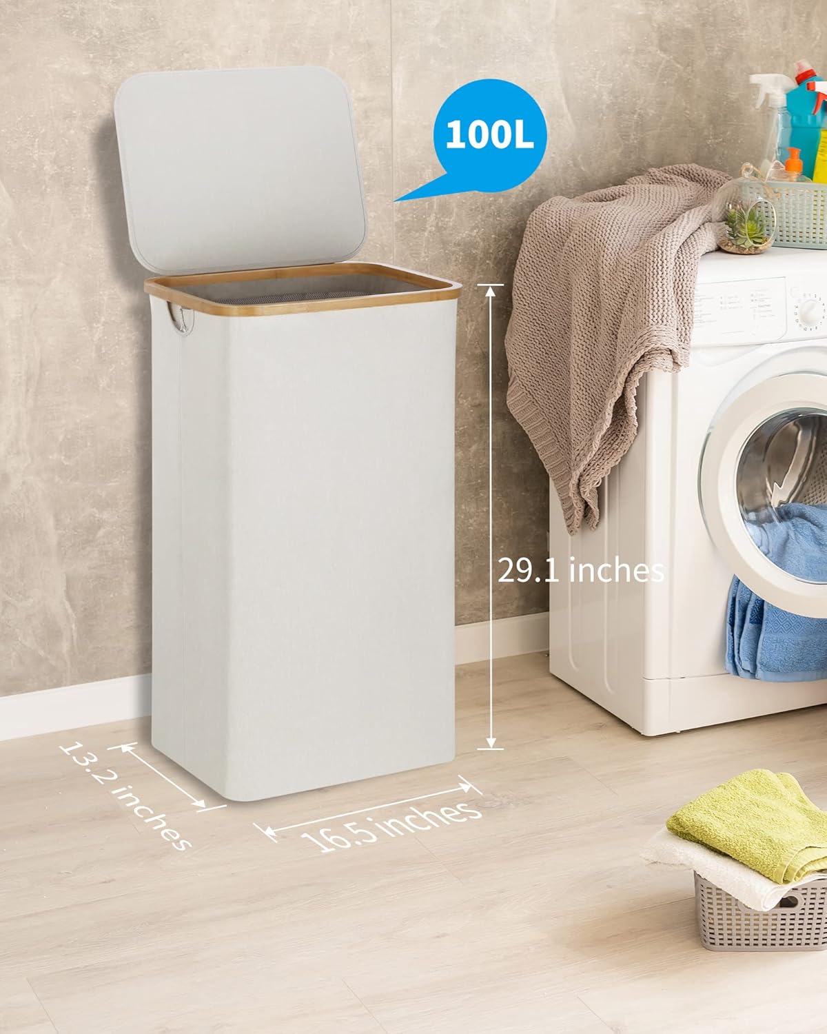 efluky Laundry Basket with Lid and Removable Bag, 100L Tall Laundry Hamper with Bamboo Handles