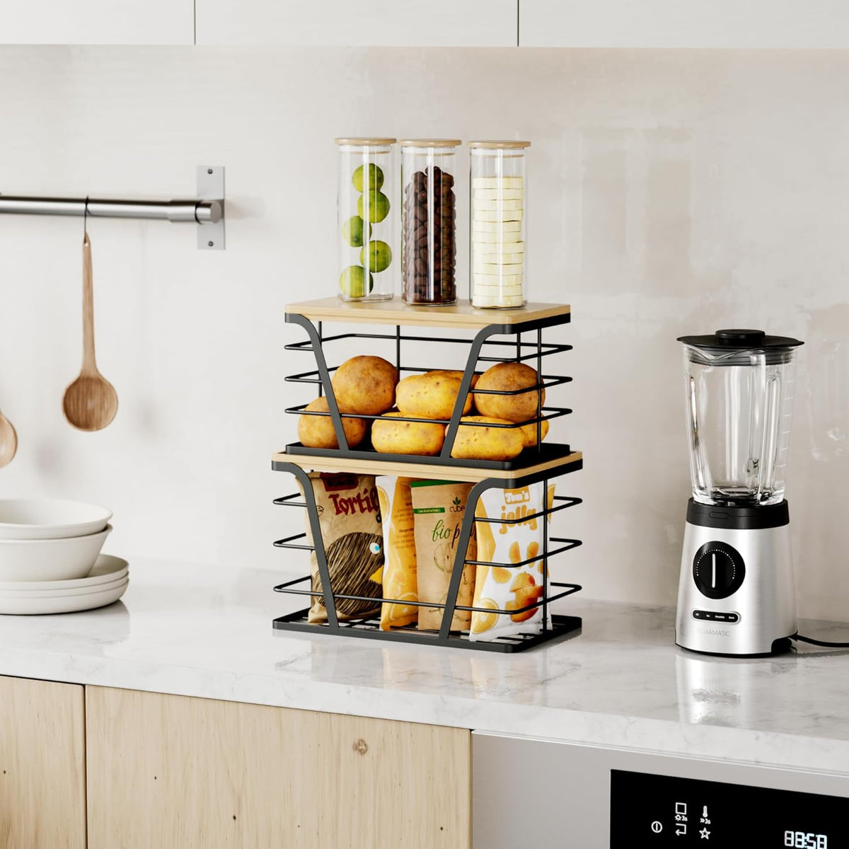 2 Pack Stackable Storage Laundry Kitchen Organizers, Wall Mount Trash Bag Holder with Bamboo Top