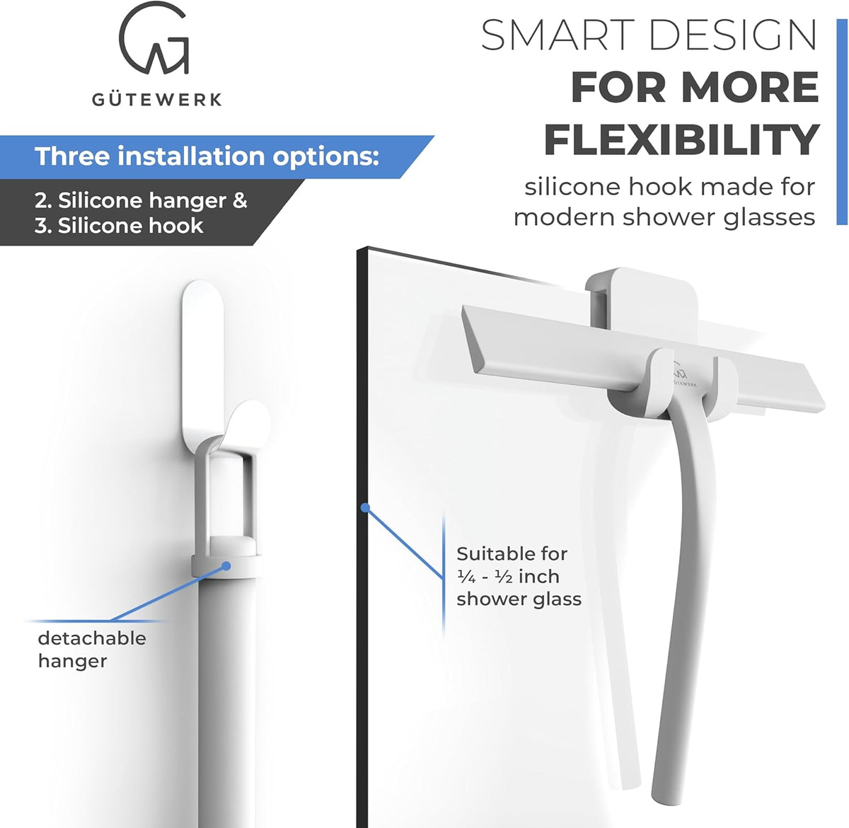 GÜTEWERK Shower Squeegee for Glass Doors, Silicone Window Squeegee, Bathroom and Glass Cleaning