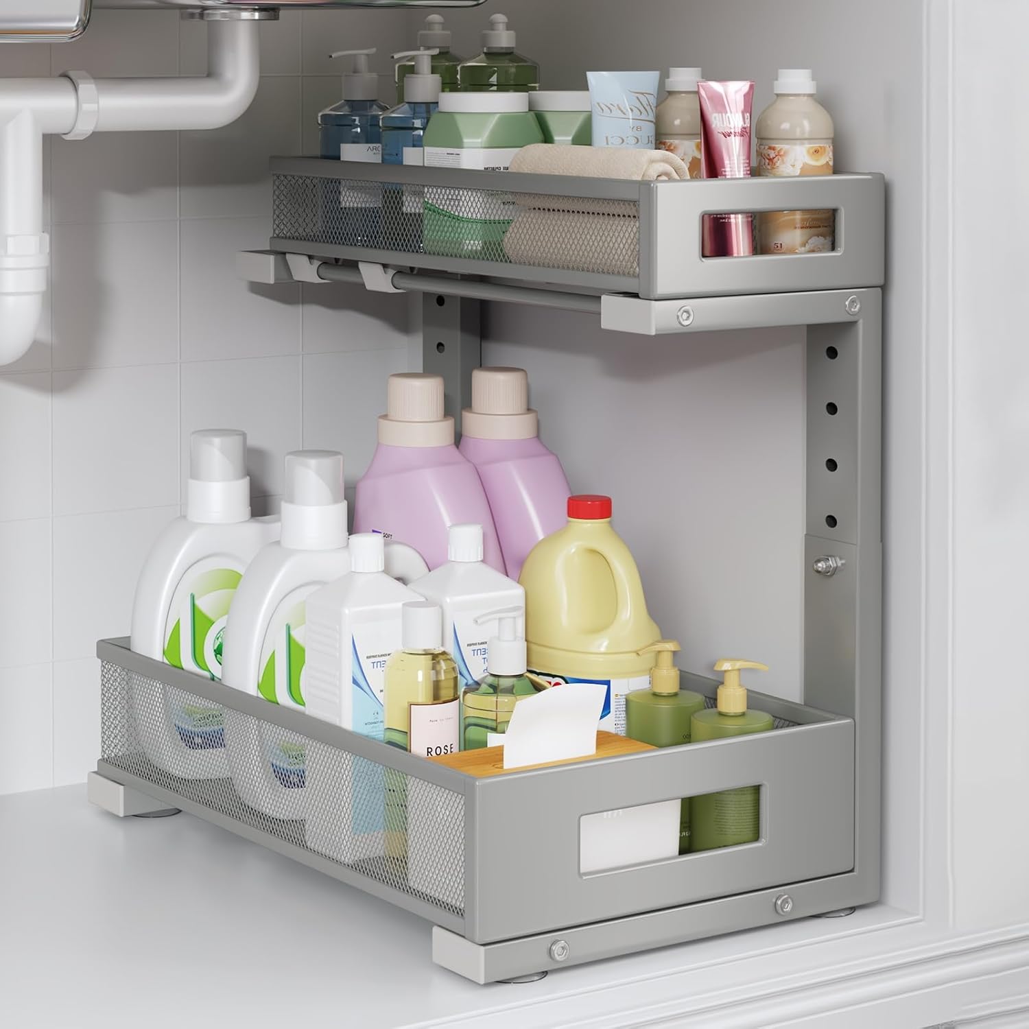 1 Pack-11.4"-16.14" H Under Sink Storage Organizer, Large 2-Tier Elegant Mesh Pull Out Shelf for