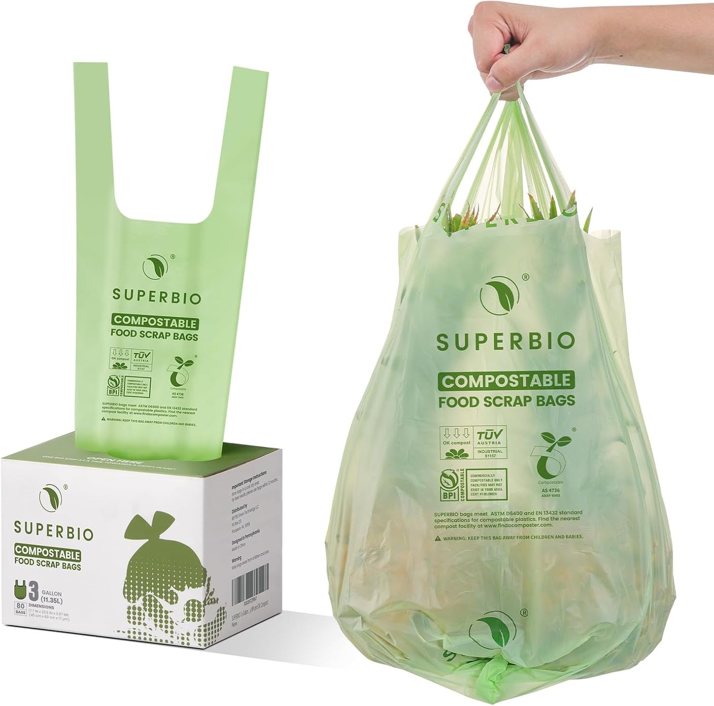 SUPERBIO 3 Gallon Compostable Food Waste Bags, 80 Count, Food Scrap Bags with Handles, ASTM D6400