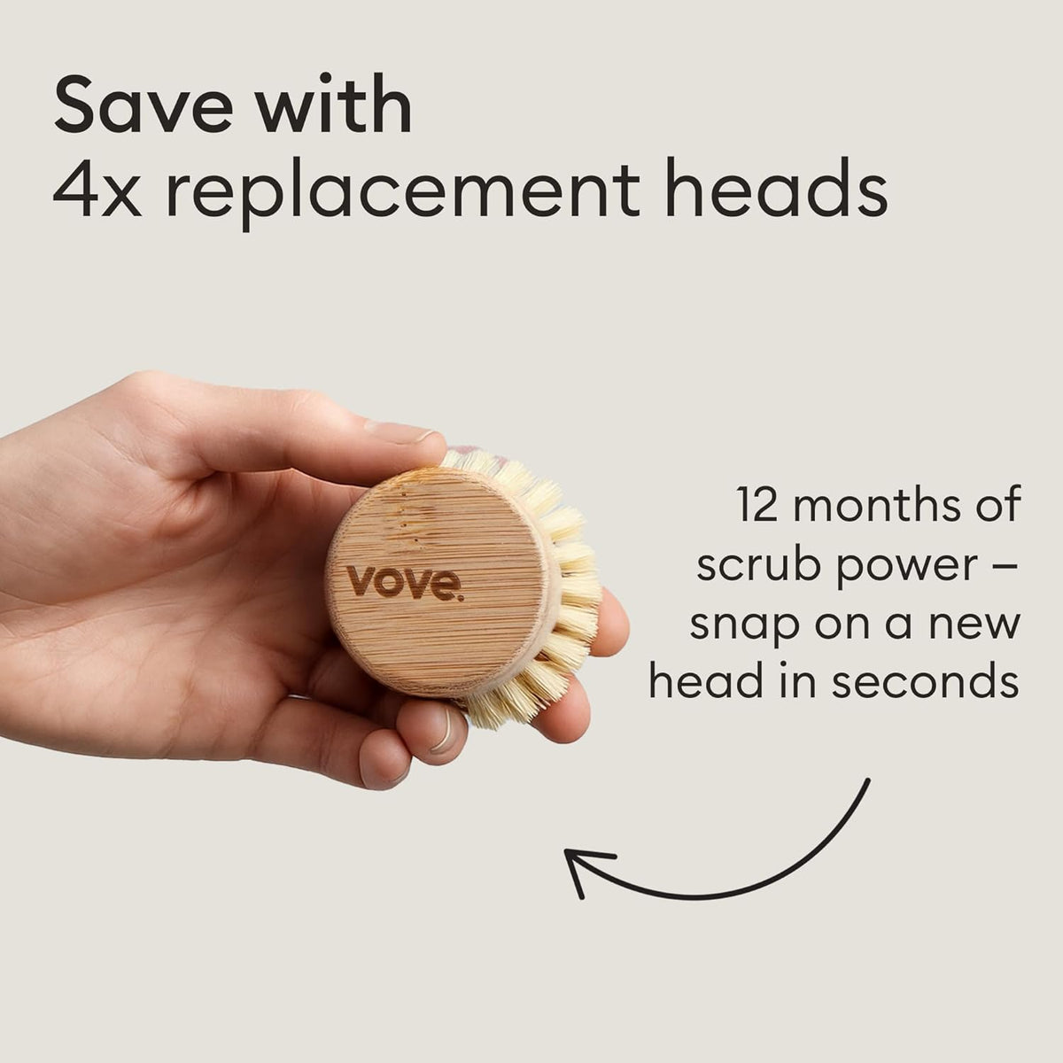 Vove Bamboo Dish Brush Replacement Heads, 4 Pack - FSC-Certified Bamboo - Natural Fiber Bristles