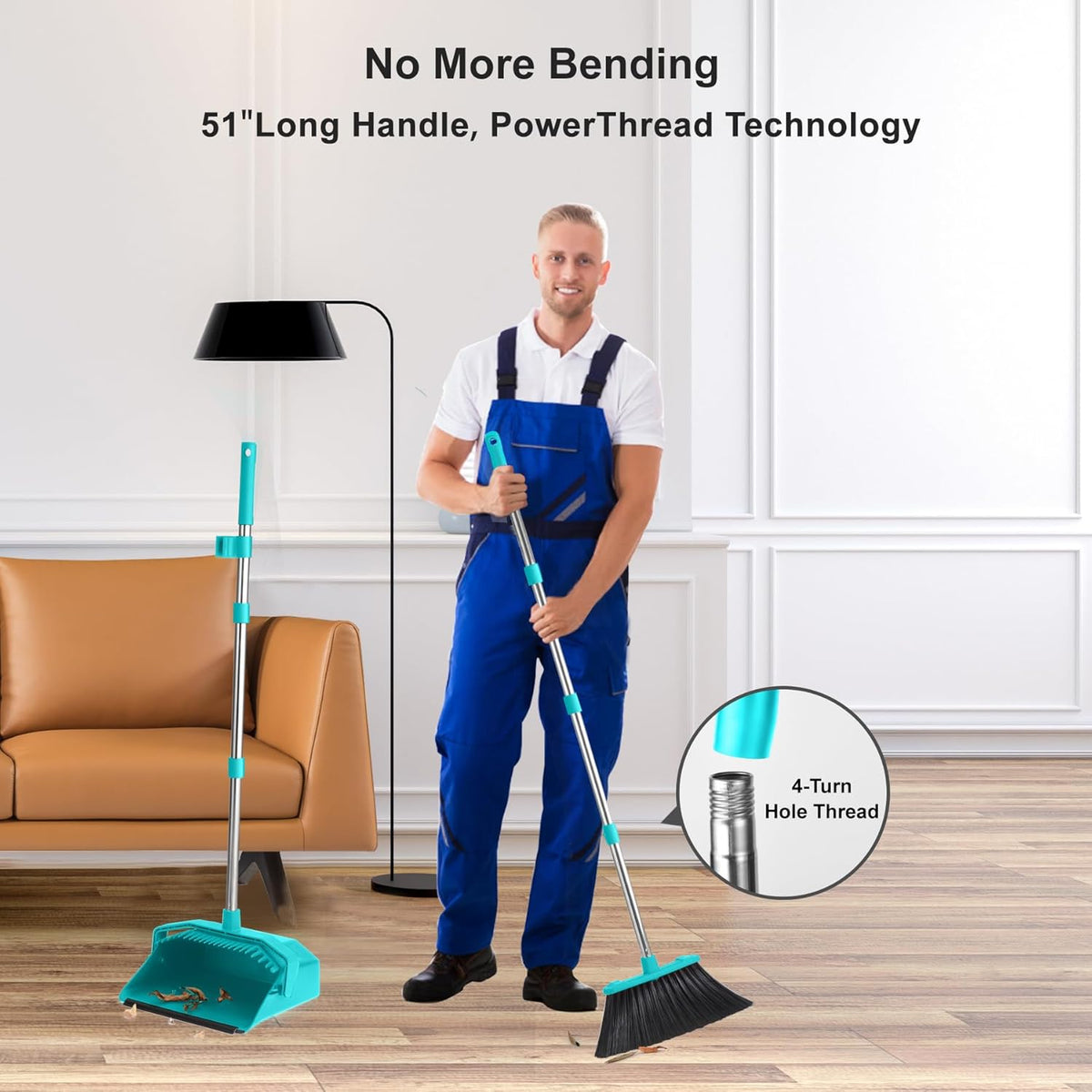 Upgrade Broom with Dustpan Combo Set, Broom and Dustpan Set with 51'' Long Handle, Large Upright