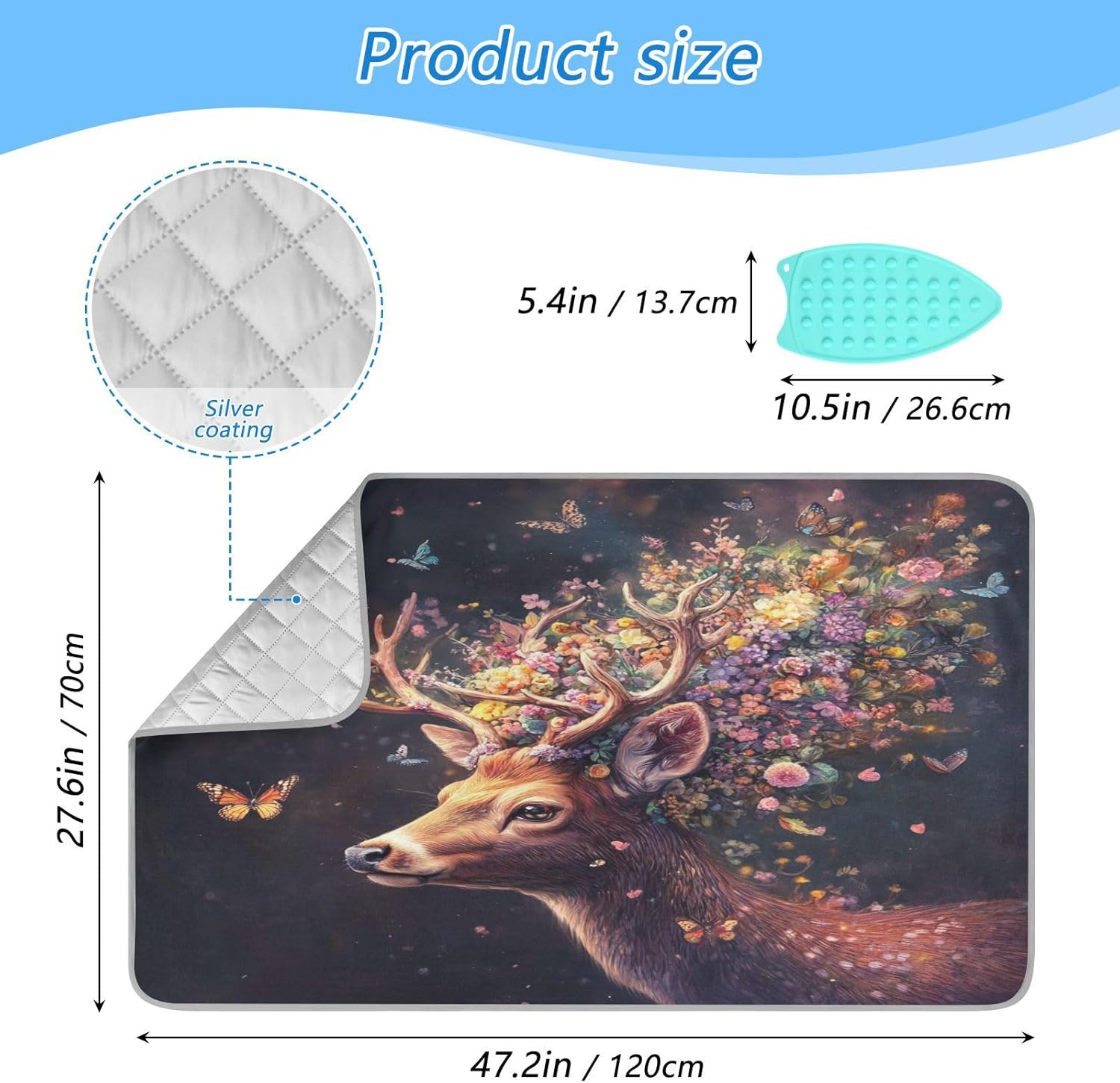 Deer with Butterfly Floral Ironing Mat Thickened Ironing Blanket Travel Portable Double-Side Using