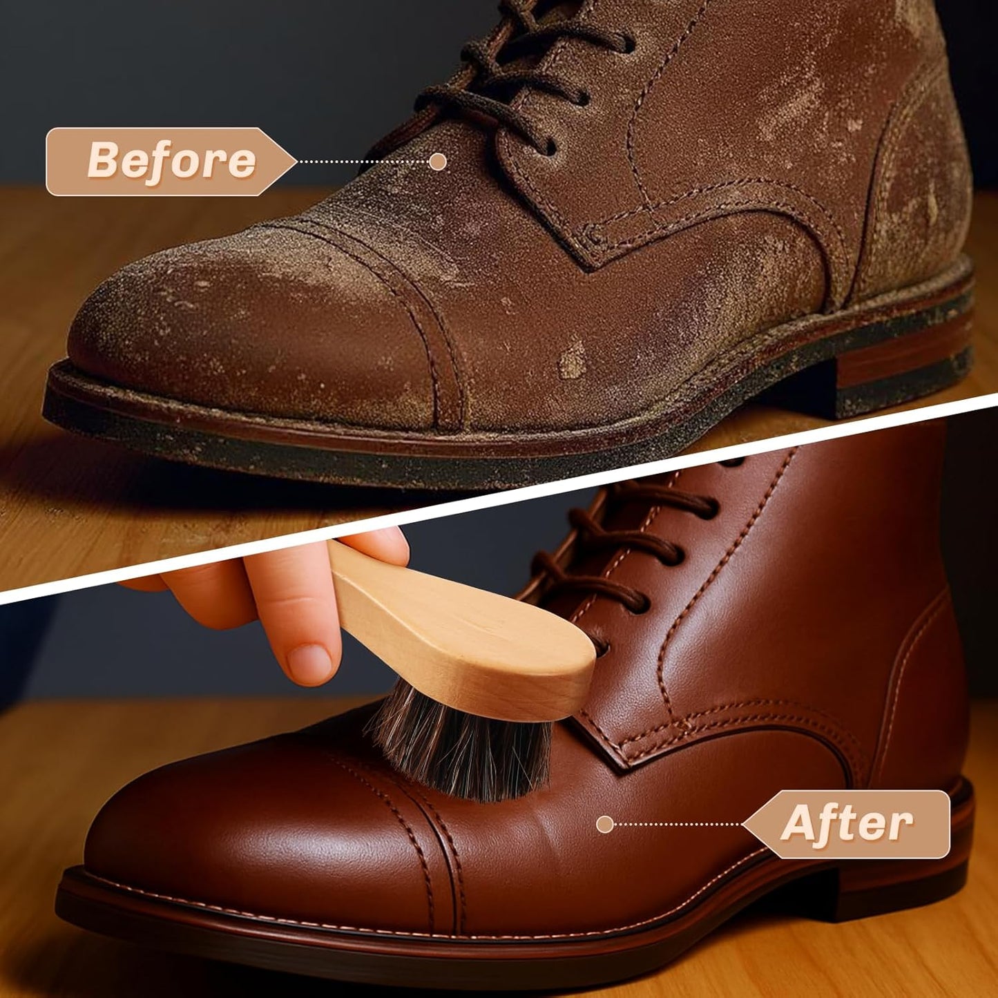 2 Pcs Horsehair Shine Shoes Brush Kit Polish Dauber Applicators Cleaning Leather Shoes Boots Care