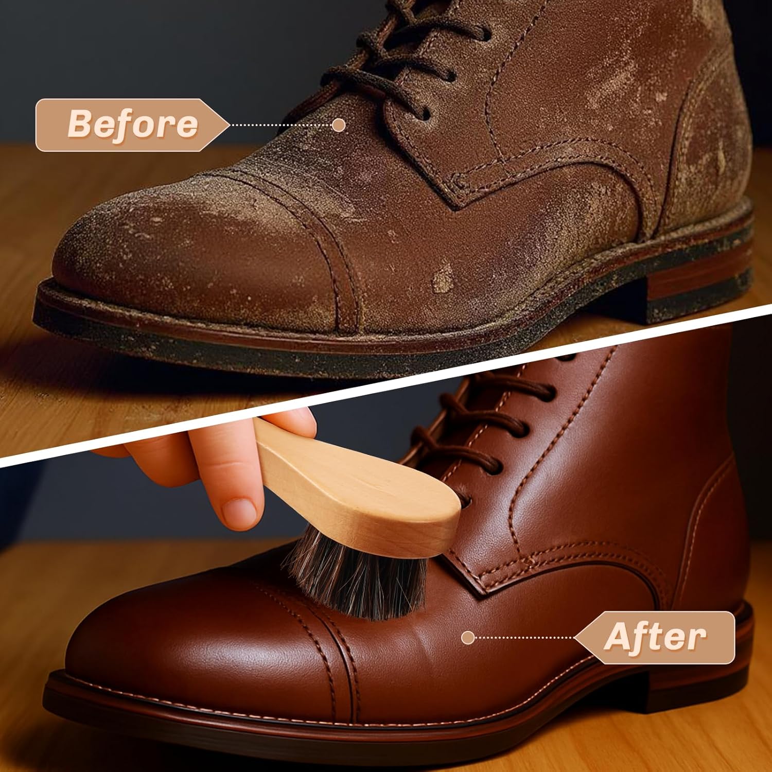 2 Pcs Horsehair Shine Shoes Brush Kit Polish Dauber Applicators Cleaning Leather Shoes Boots Care