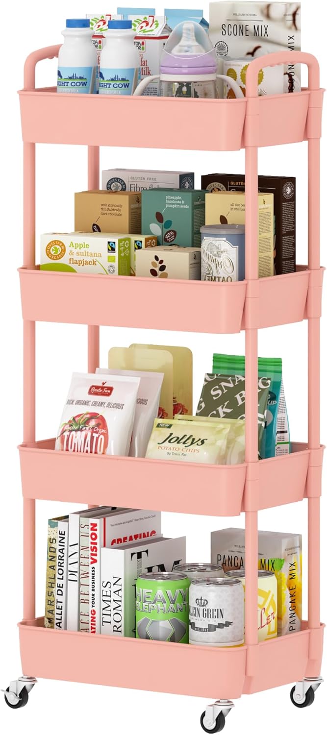 Sywhitta 4-Tier Plastic Rolling Utility Cart with Handle, Multi-Functional Storage Trolley for