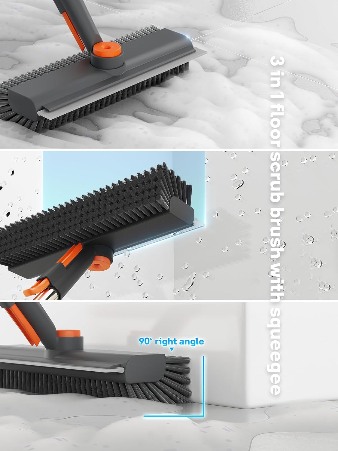 Floor Scrub Brush with Long Handle, 3 in 1 Multi-angle Swivel Right Angled Bristle Floor Scrubber