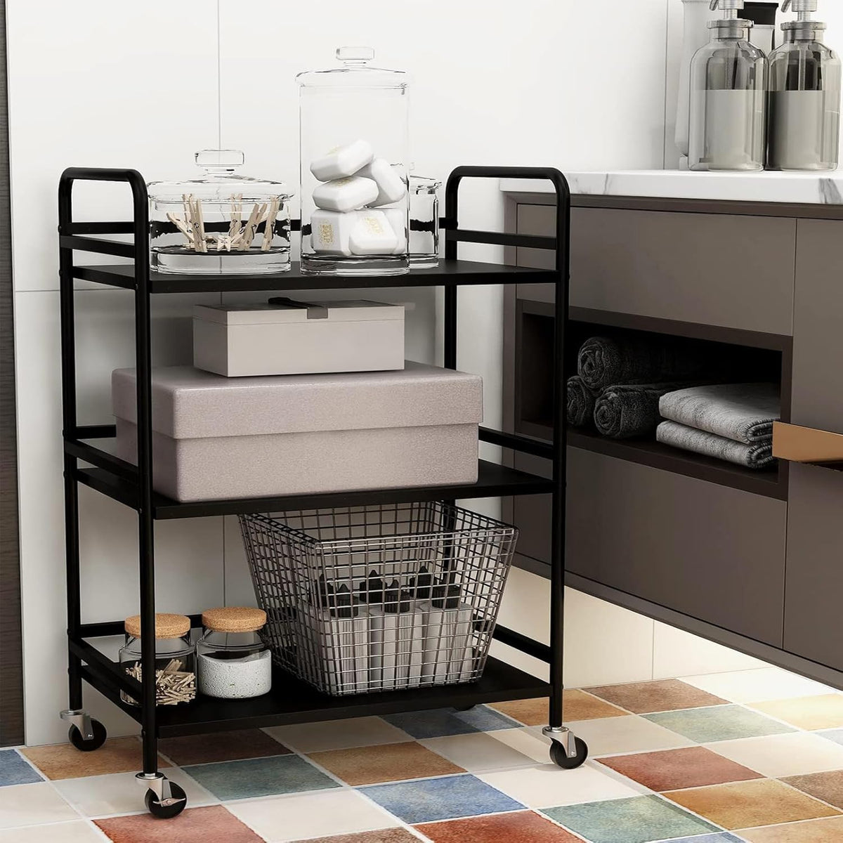HDANI 3 Tier Metal Utility Multipurpose Rolling Cart,Large Capacity Heavy Duty Cart with Lockable