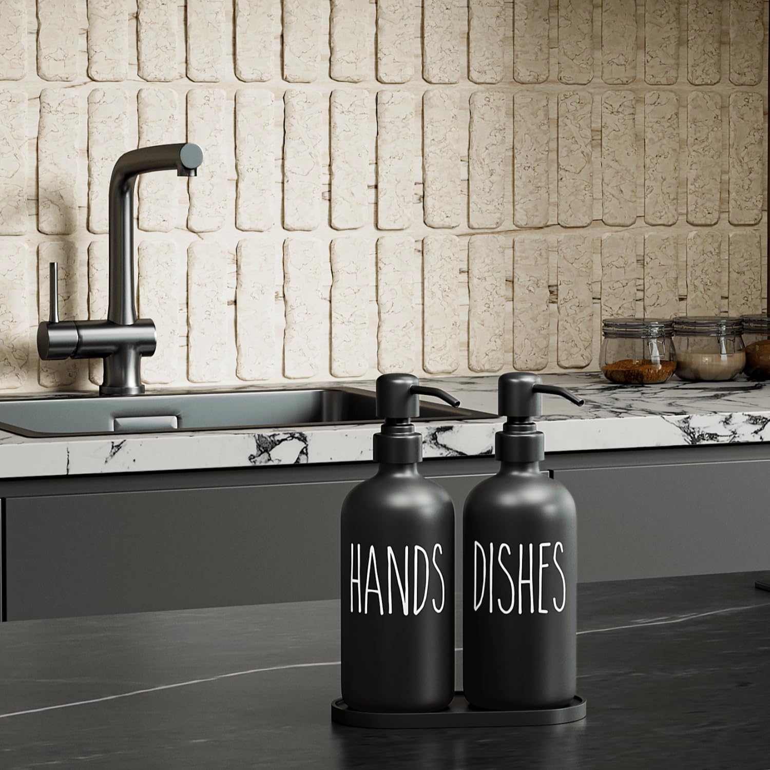 MOMEEMO Black Soap Dispenser Set, Contains Dish and Hand Soap Dispenser, Suitable for Kitchen Decor