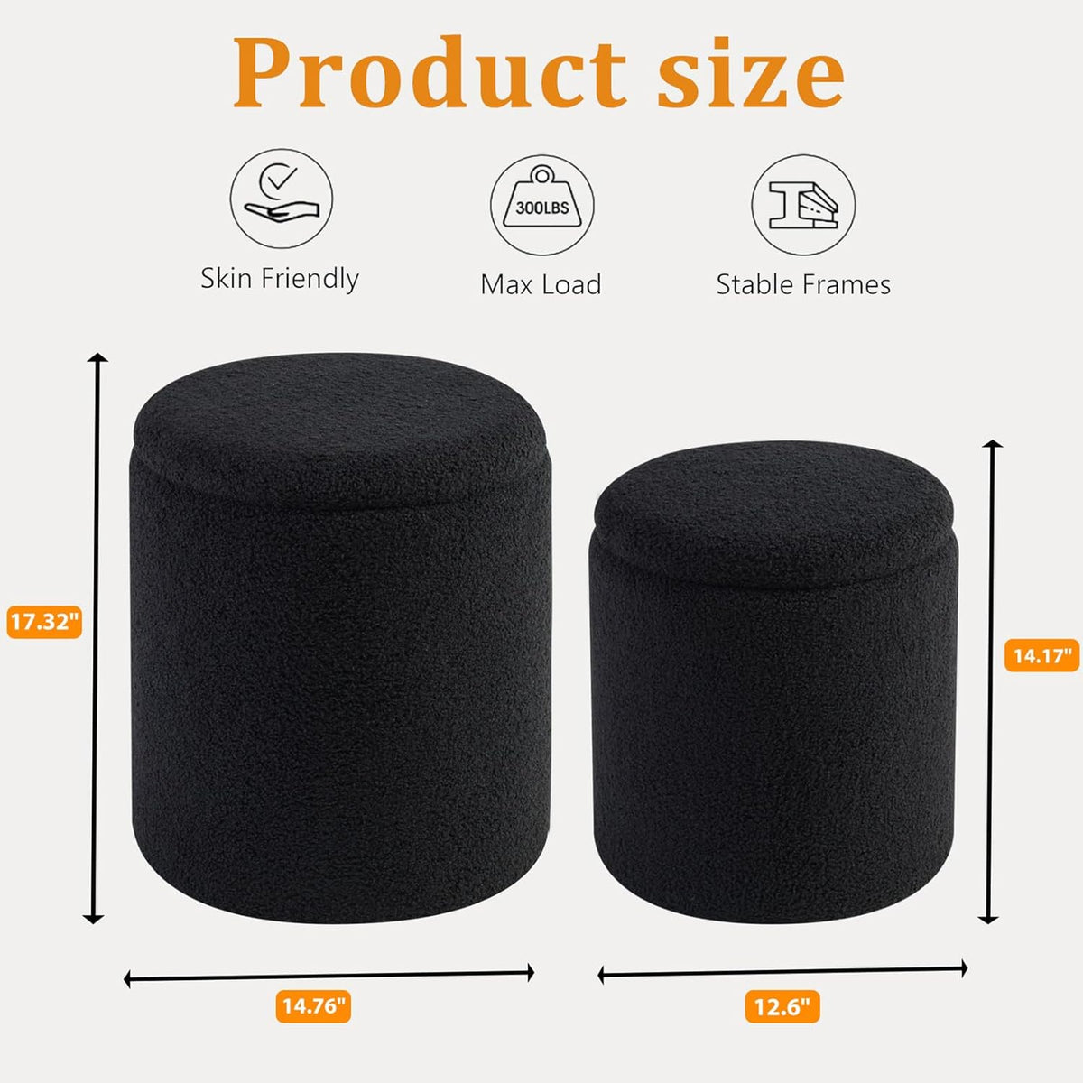 Round Ottoman with Storage Set of 2-Upholstered Sherpa Vanity Stool for Makeup Multifunctional