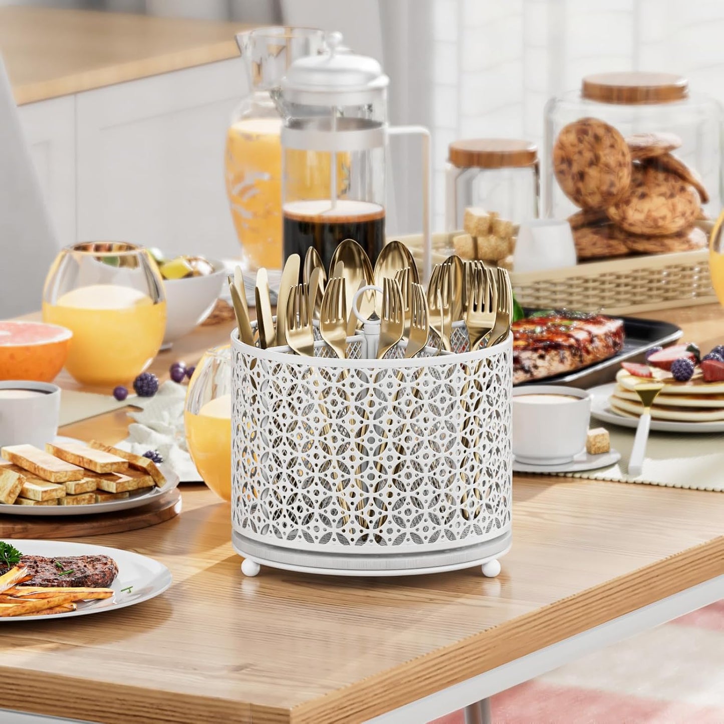 360° Rotating Kitchen Utensil Holder - Fast-Drying Utensils Caddy - 4 Compartment Flatware