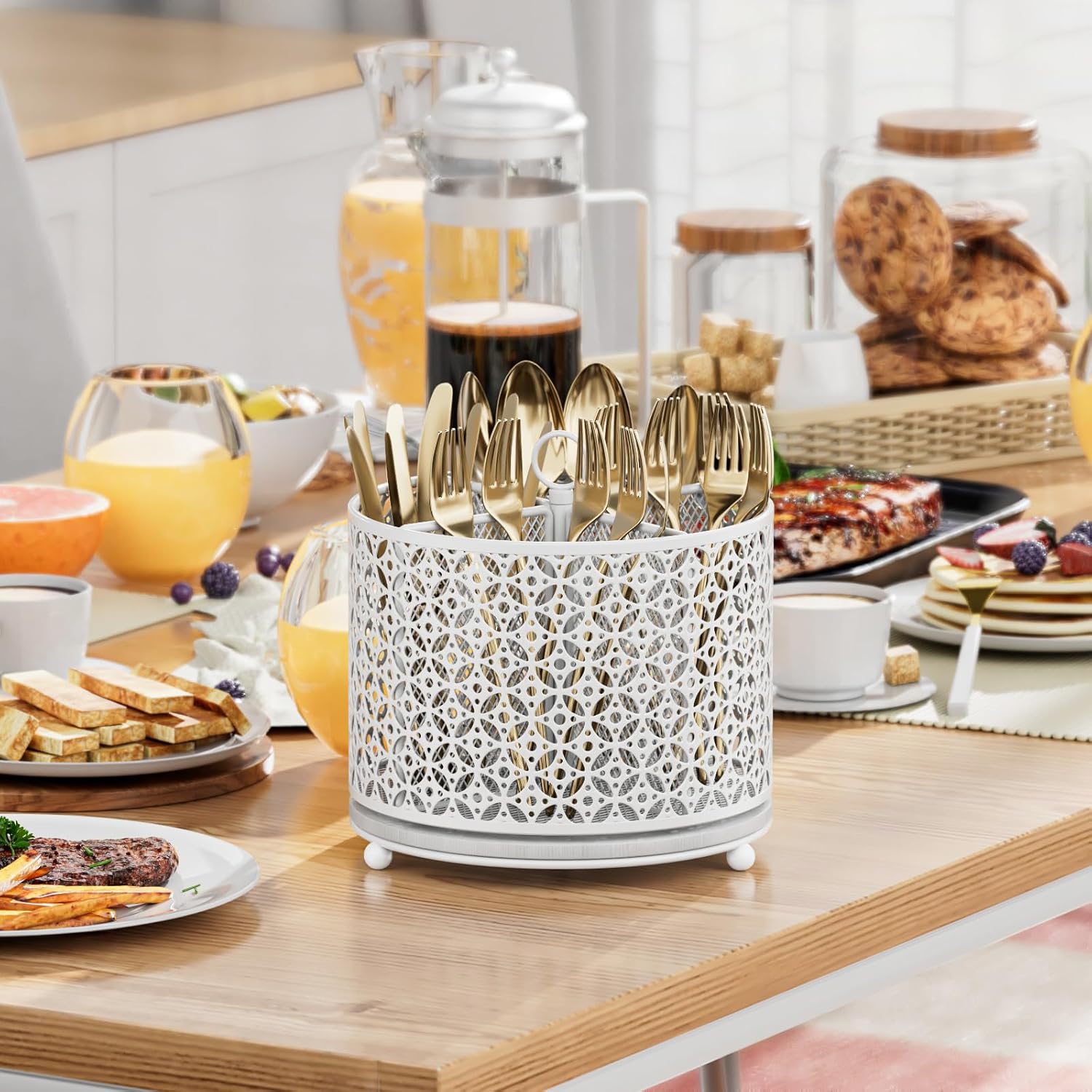 360° Rotating Kitchen Utensil Holder - Fast-Drying Utensils Caddy - 4 Compartment Flatware