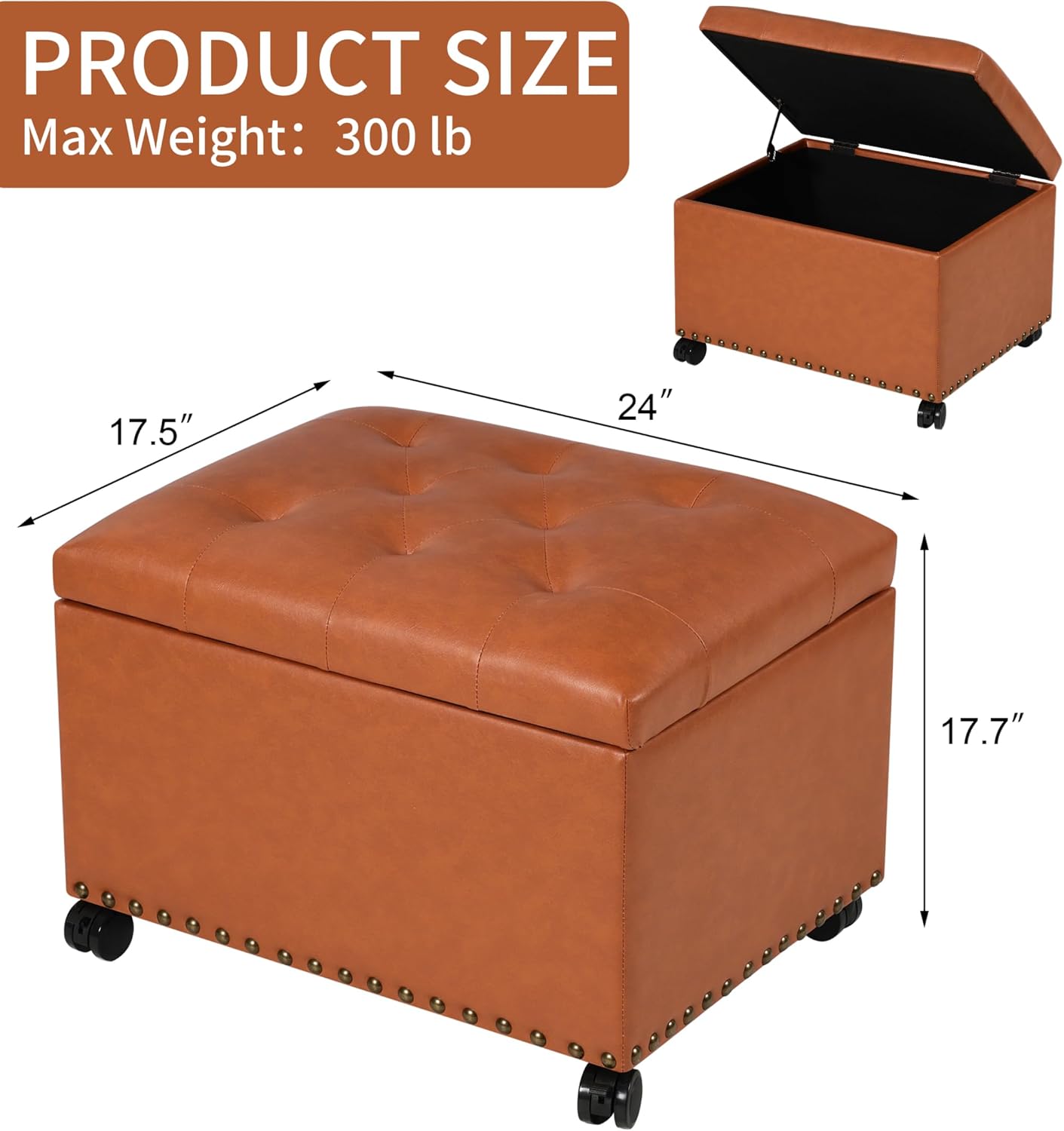 24" Square Ottomans with Storage, Leather Ottoman with Storage with Lockable Wheels and Hight