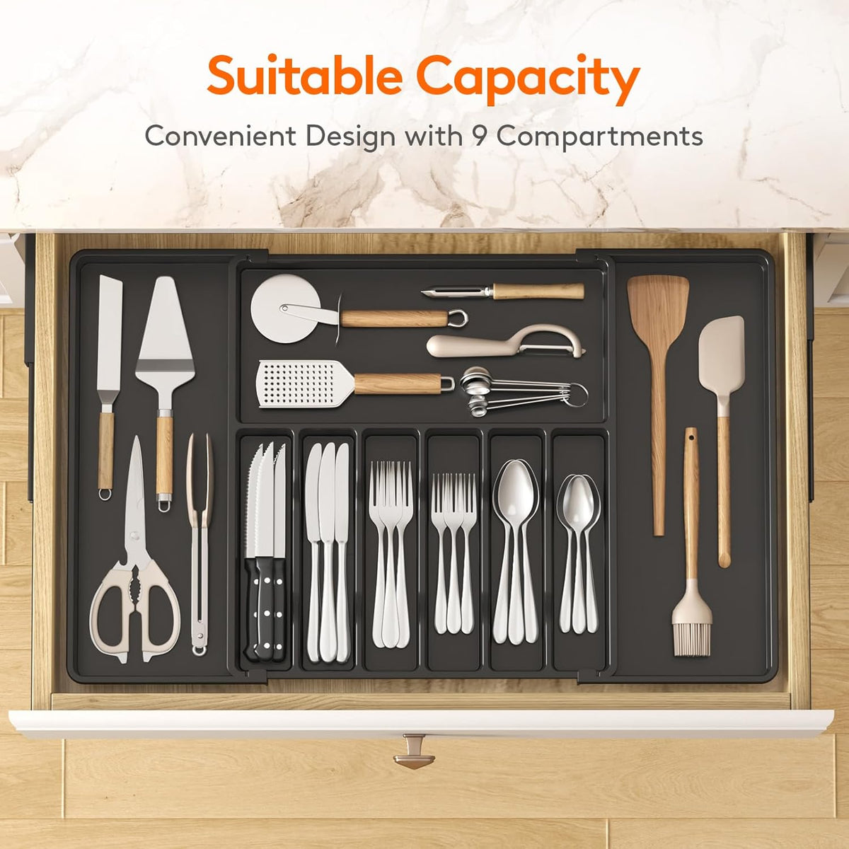 Lifewit Silverware Drawer Organizer, Expandable from 16.9 to 30 inches, Large Utensil Tray for