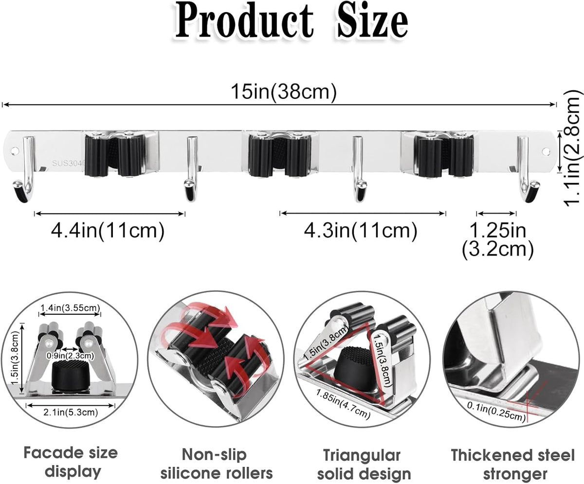 2 Pack 3 Racks and 4 Hooks Broom and Mop Holder Wall Mounted Garage Organizer Storage Tool Racks