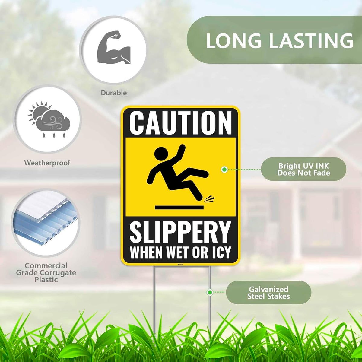 2PC Caution Slippery When Wet Or Icy Sign with Metal Stakes, 12 Inches by 9 Inches - Corrugated