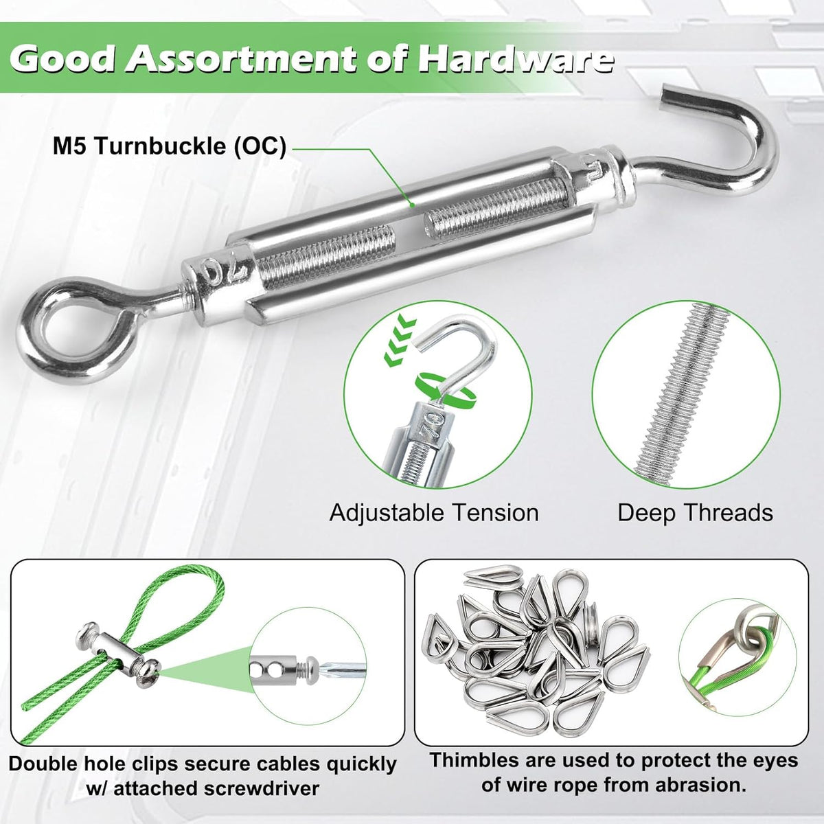 Turnbuckles for Cables Wire, 1/8" X 100Ft Green PVC Coated Wire Rope Kit, Multi-use Steel Cable for
