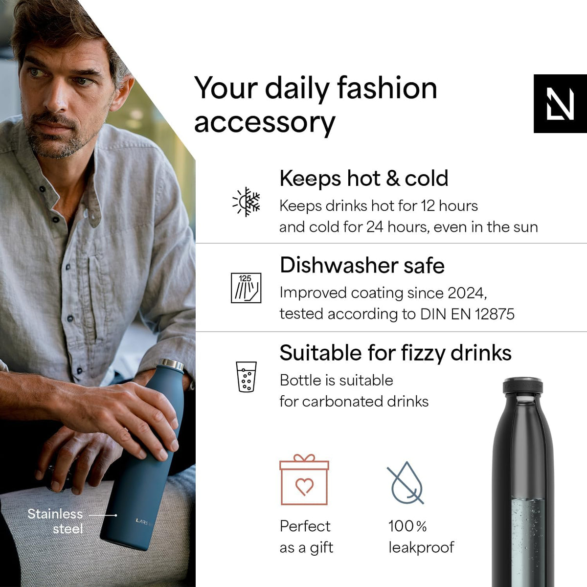 LARS NYSØM Stainless Steel Insulated Water Bottle 12oz 17oz 25oz 34oz 51oz | Insulated Thermo Flask