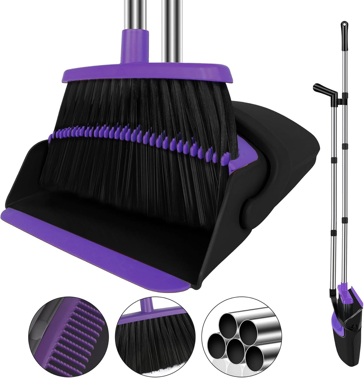 Broom with Dustpan Combo Set, 51" Household Dustpans and Broom, Standing Dust Pan Set for Home