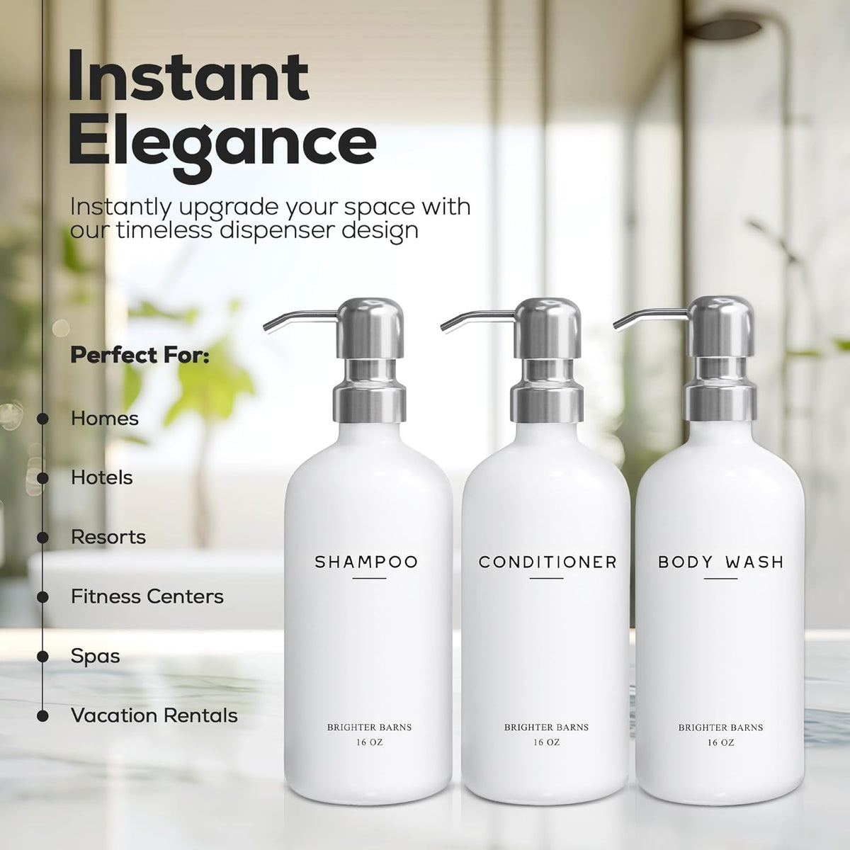 White Shampoo and Conditioner Dispenser Set by Brighter Barns - Shower Dispenser for Bathroom