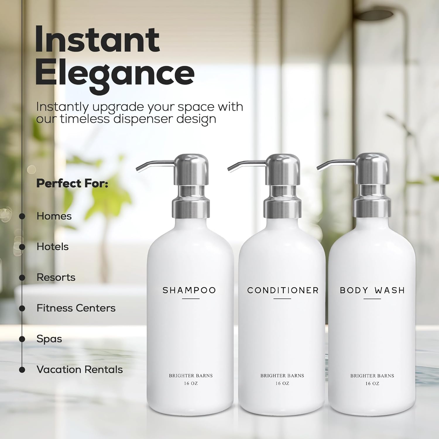 White Shampoo and Conditioner Dispenser Set by Brighter Barns - Shower Dispenser for Bathroom