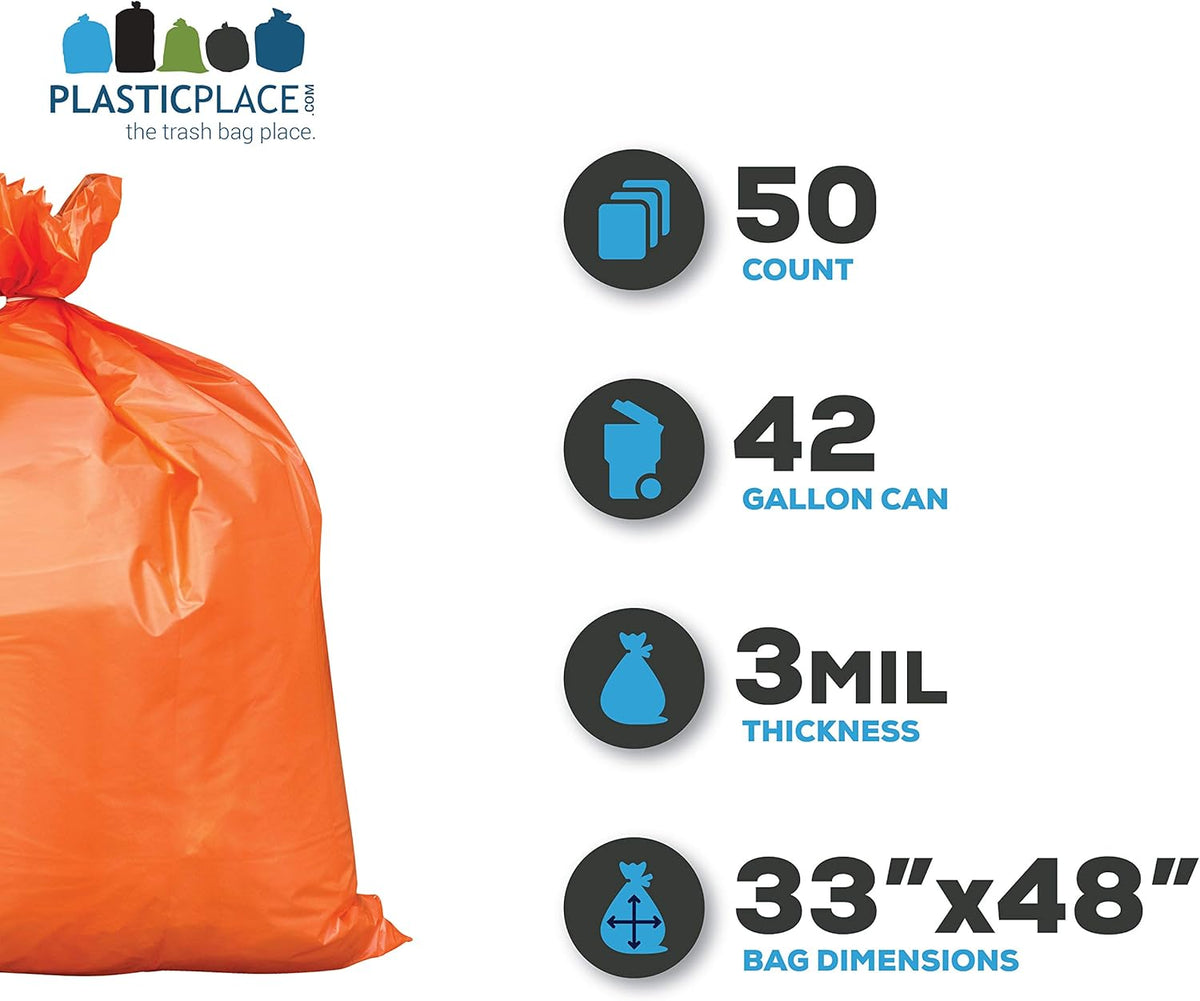 Plasticplace 42 Gallon Trash Bags |3.0 Mil | Orange Heavy Duty Contractor Trash Bags | 33" x 48"
