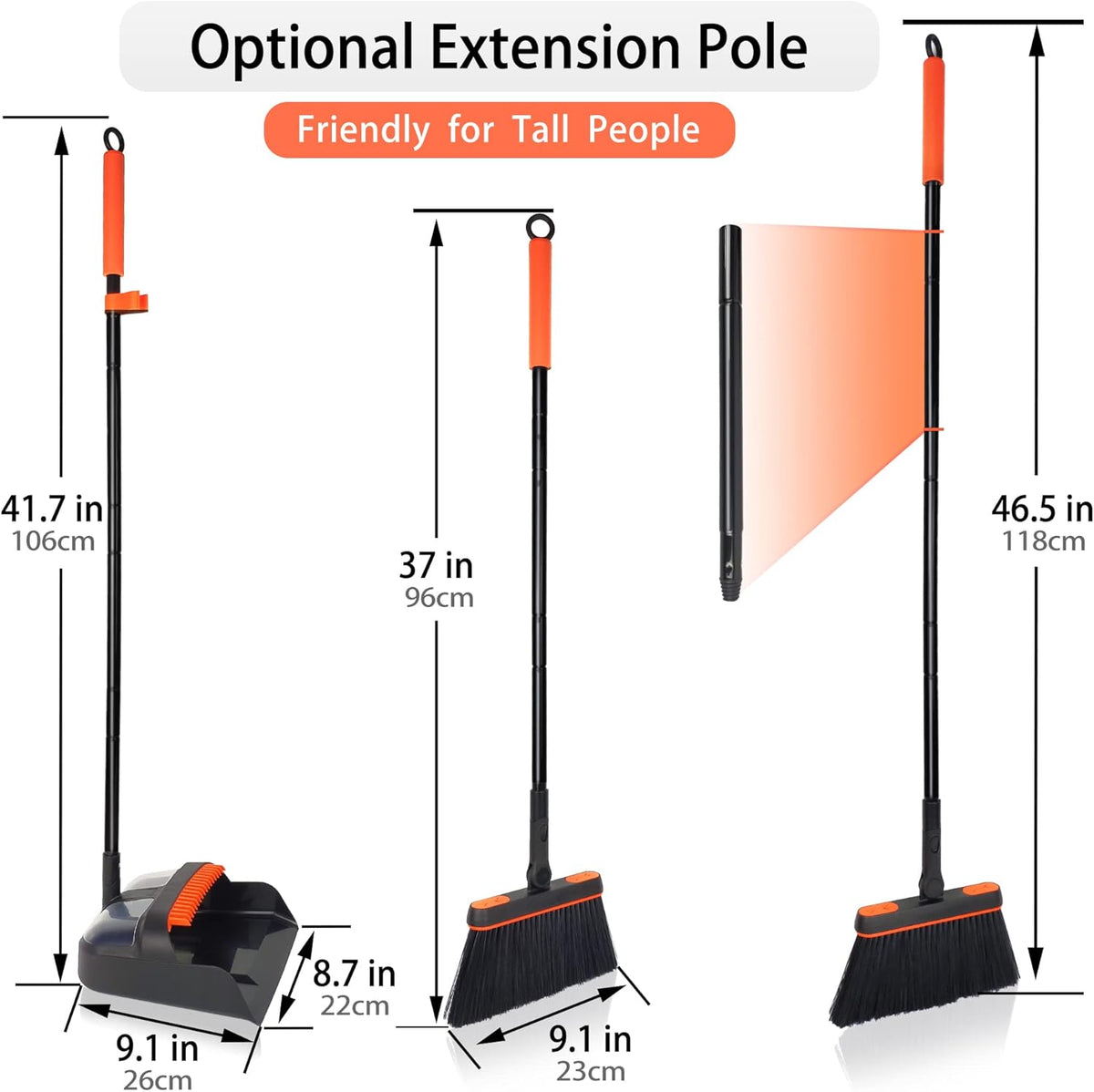 JEHONN Broom and Dustpan Set for Home, Long Handle Lightweight 180 Degree Rotating Broom Set